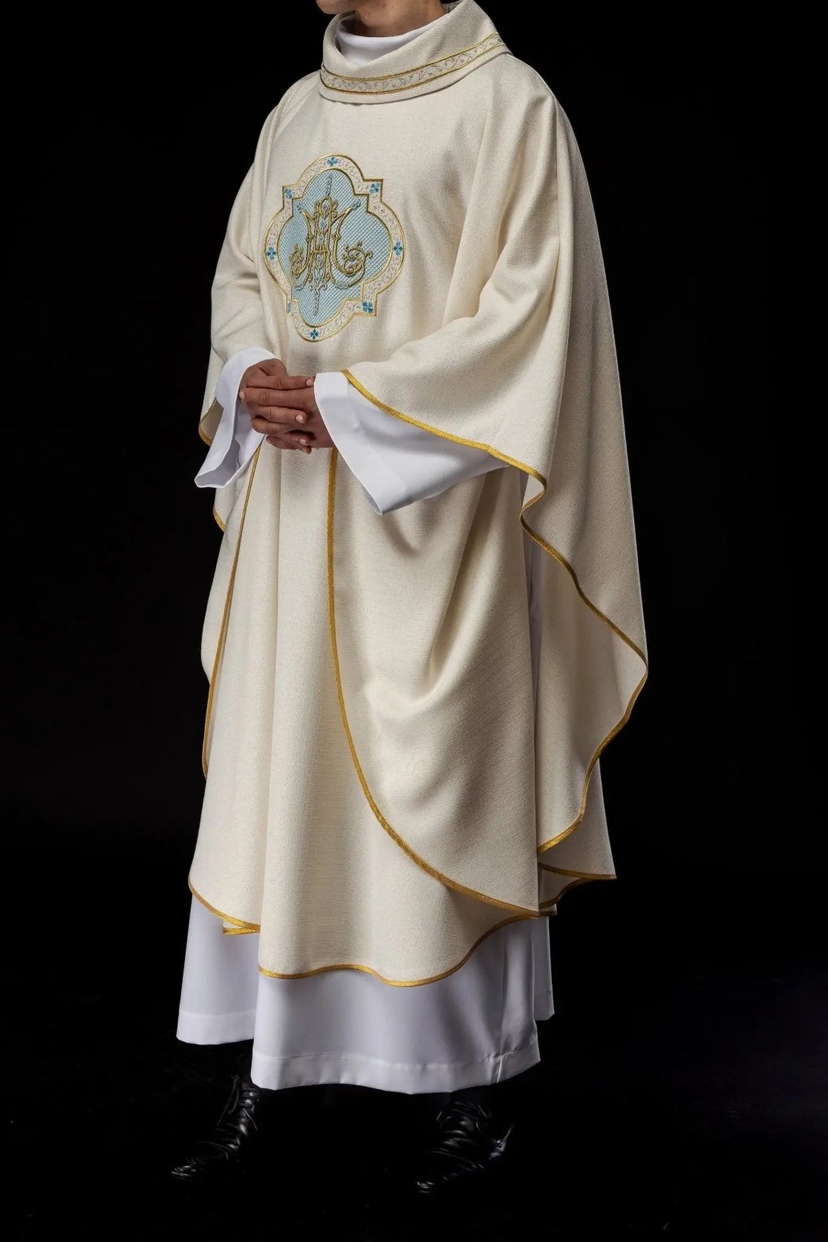 Ecru Marian chasuble with embroidered Marian motif, side view