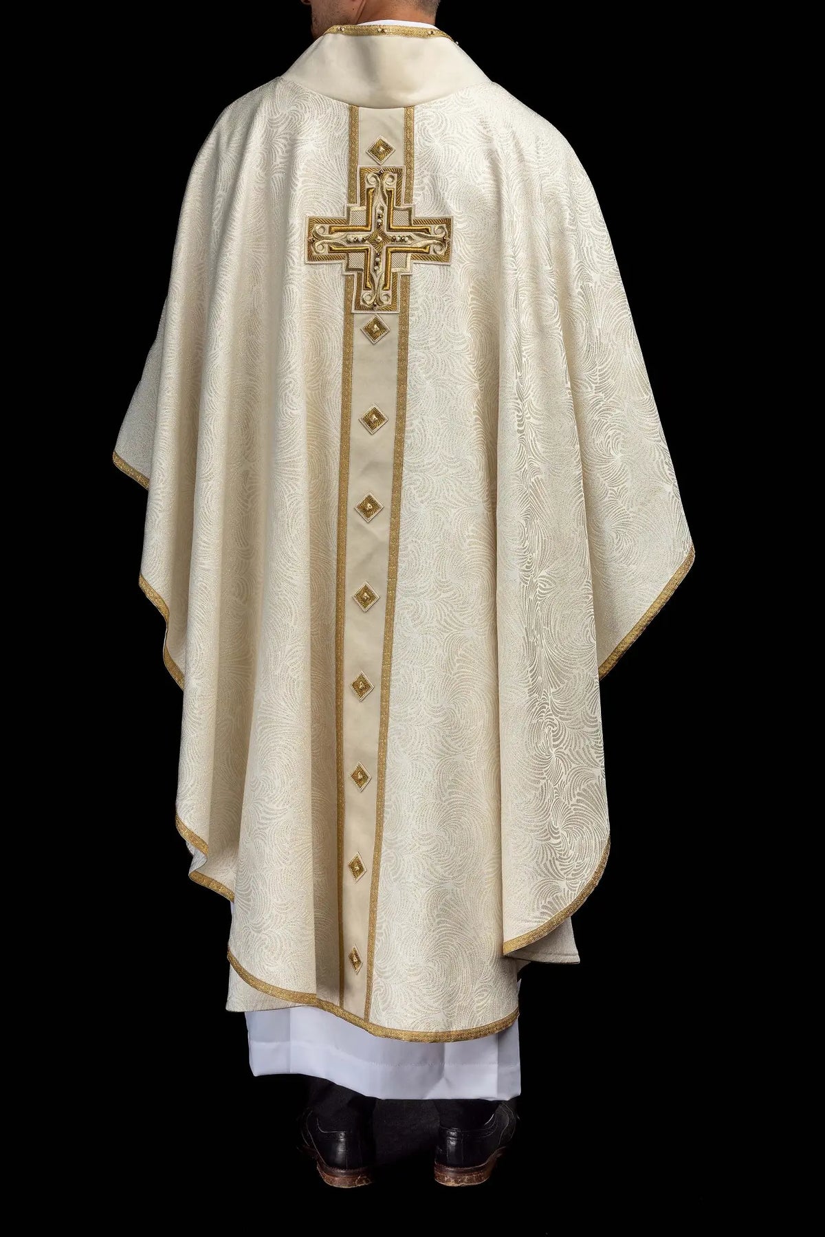 Ecru Easter chasuble with an embroidered cross, back view