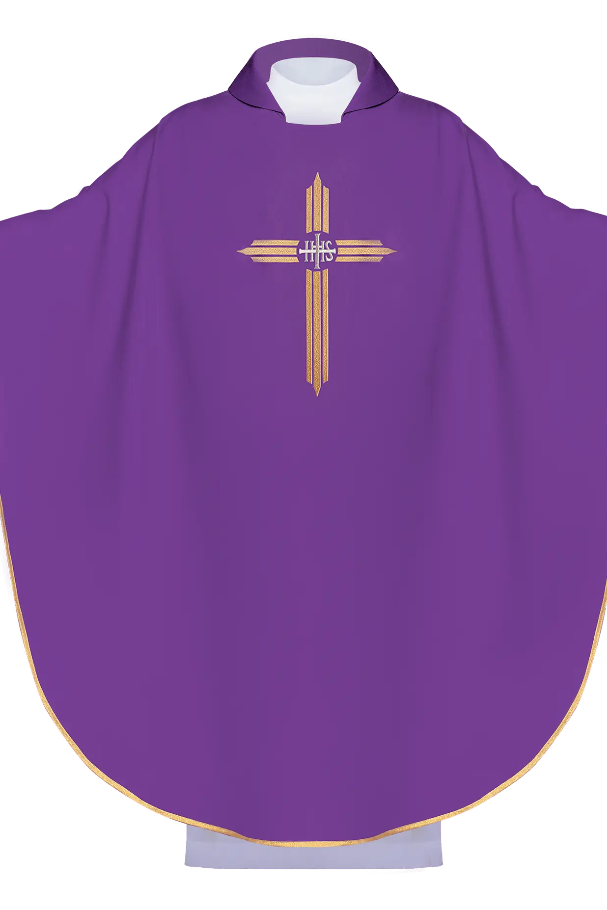 Purple embroidered chasuble with wide collar and IHS Cross