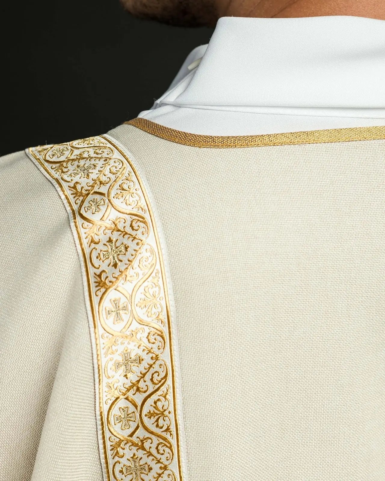 Ecru Dalmatic Decorated with Gold Jacquard Ribbons