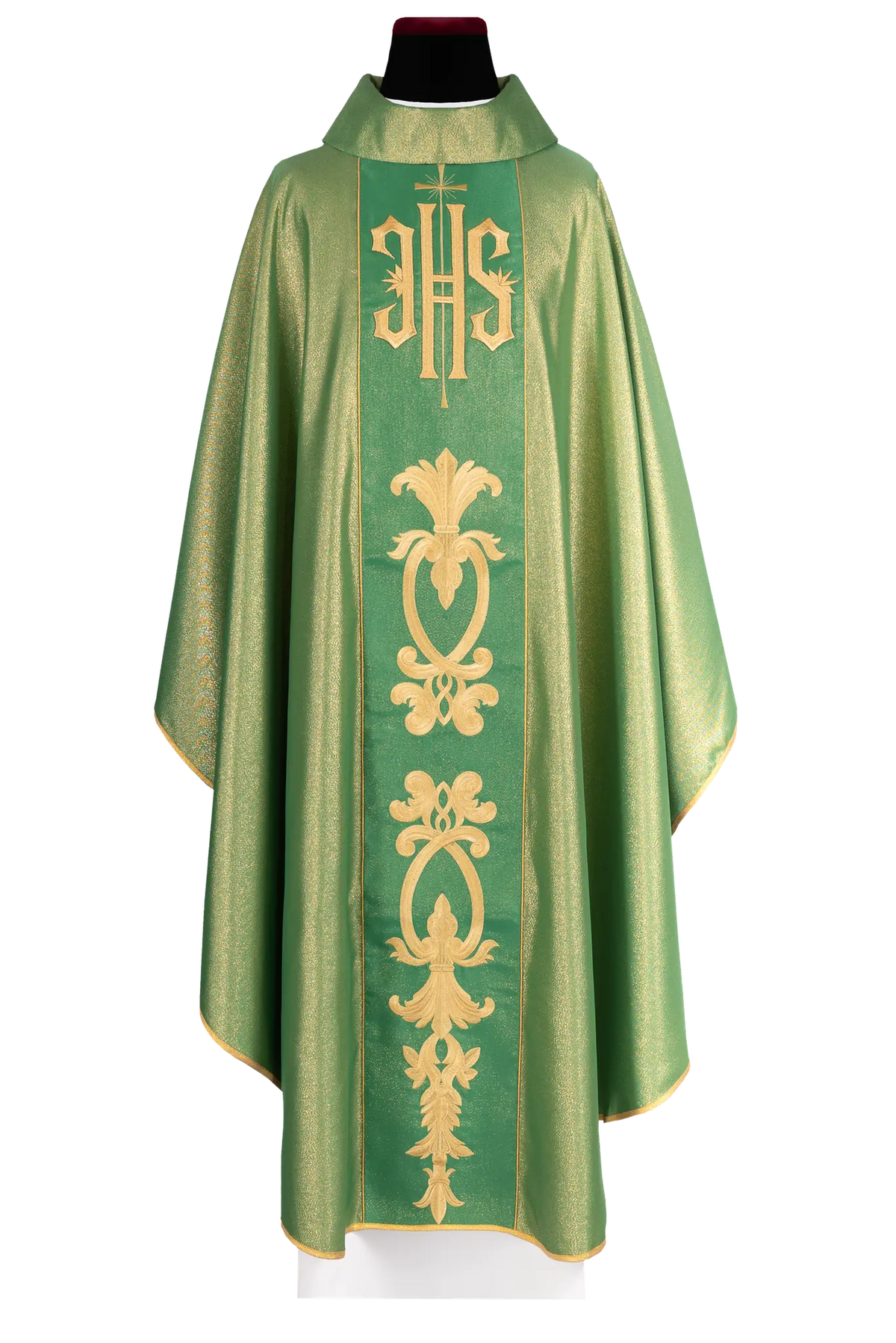 Richly decorated green chasuble with a gold motif and a wide IHS band