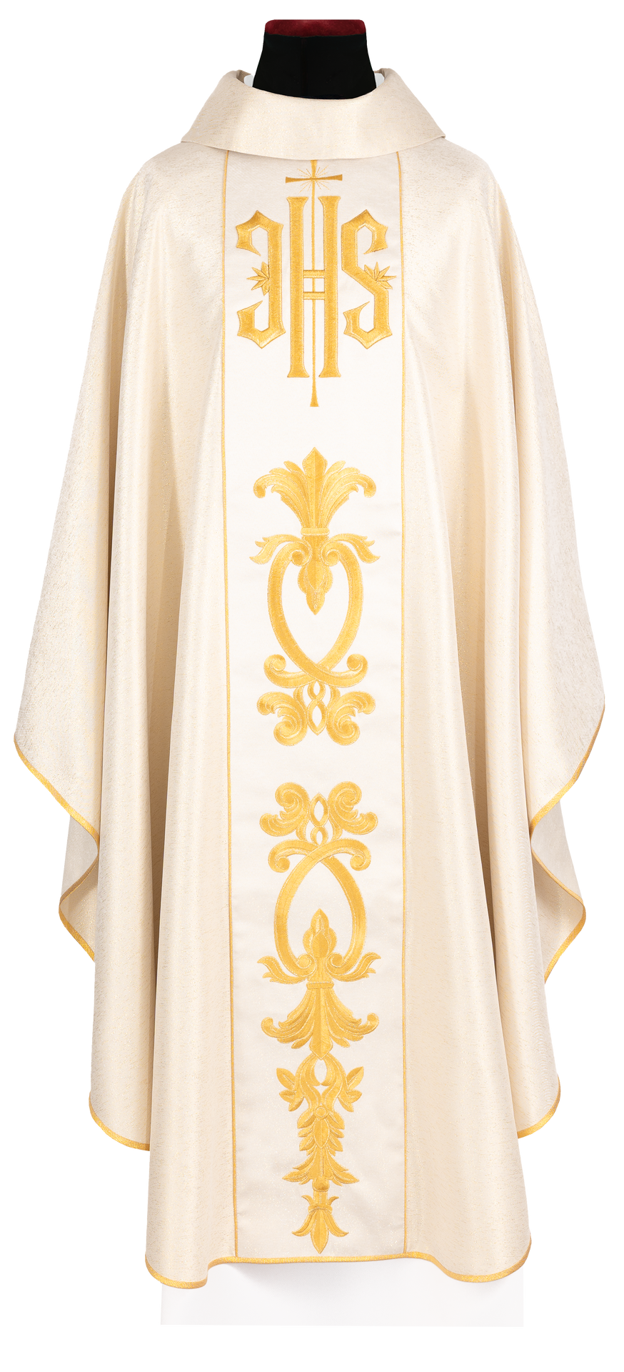 Bogato zdobiony złoty ornat z złotym motywem i szerokim pasem IHS - ORNATY.PL