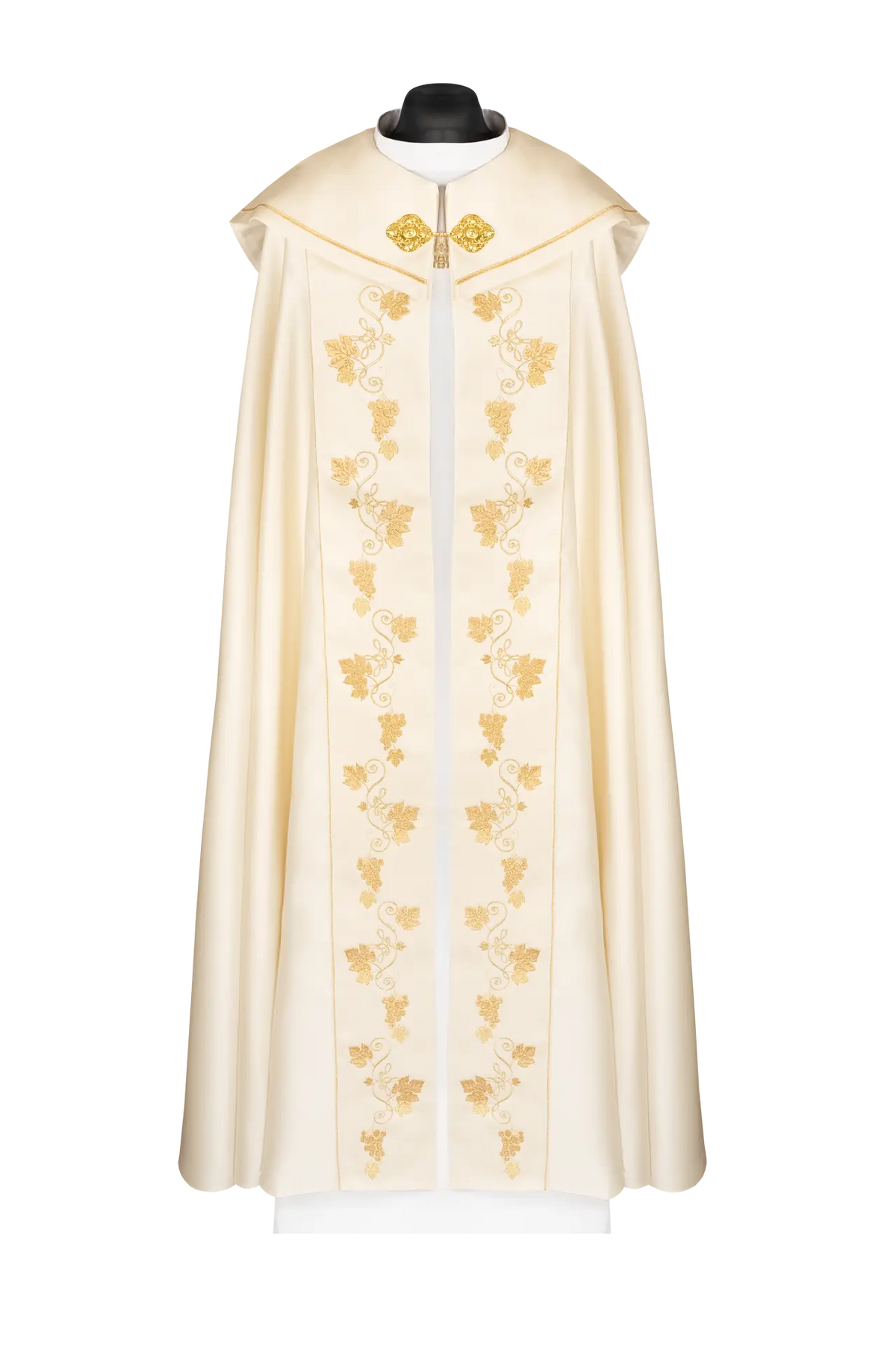 Ecru liturgical cope with embroidered chalice and IHS