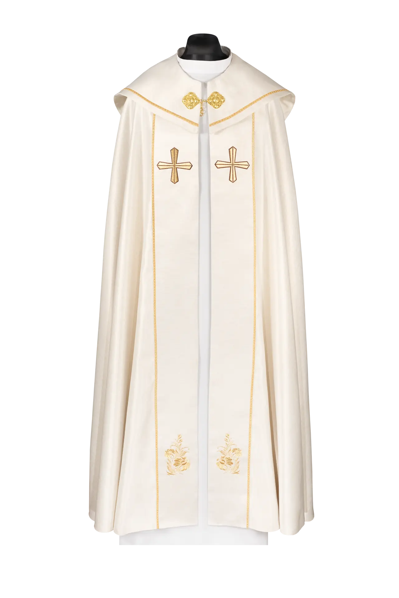 Embroidered liturgical cope with cross ecru