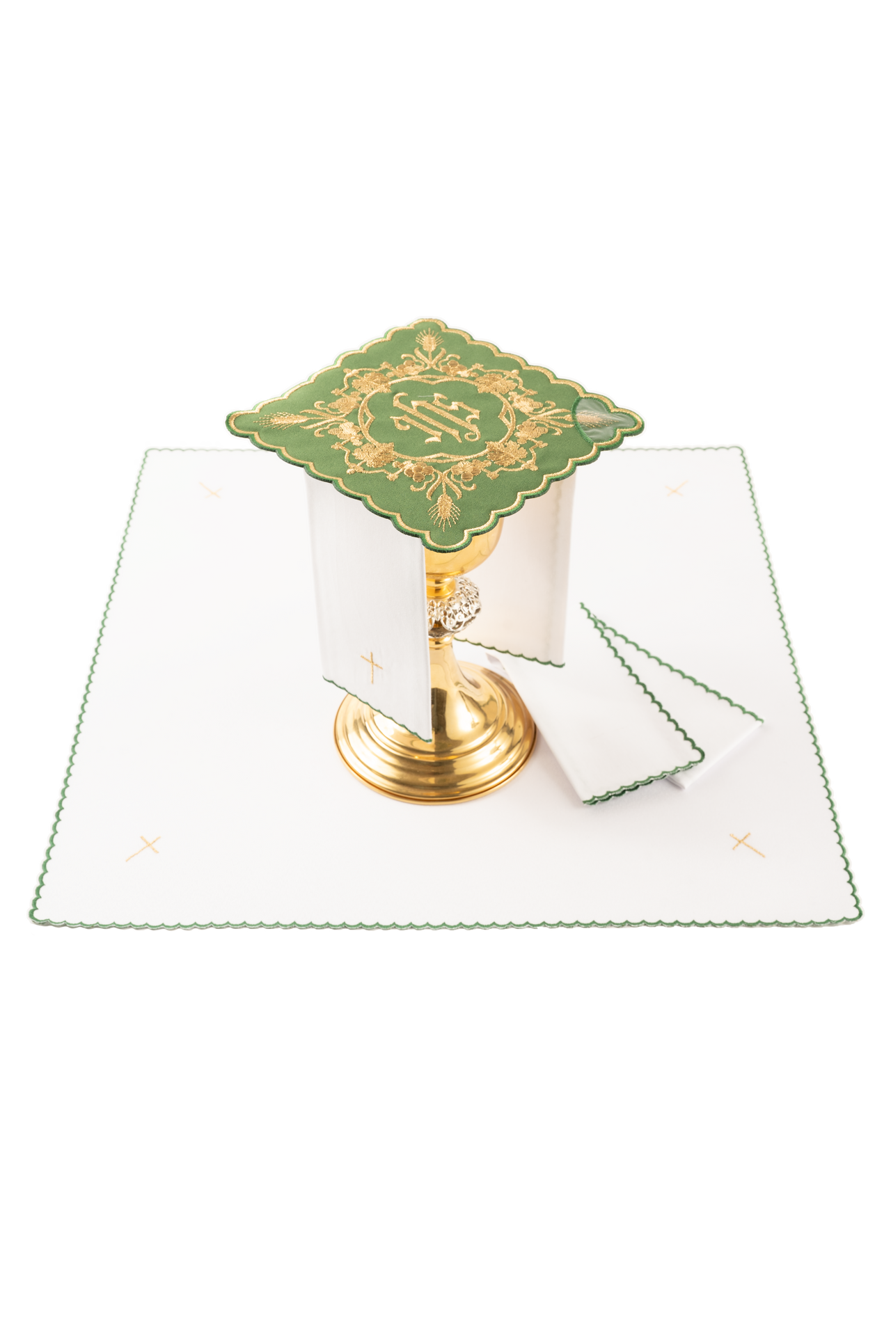 Komplet kielichowy haftowany z motywem IHS zielony - ORNATY.PL