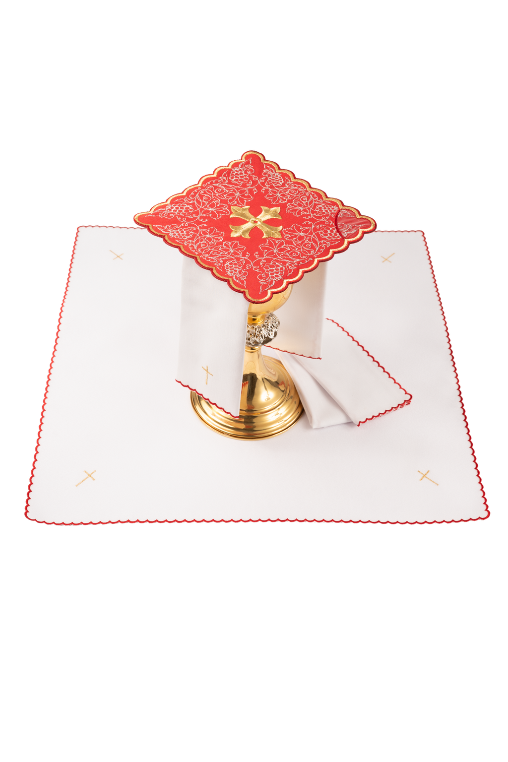 Komplet kielichowy haftowany z motywem krzyża czerwony - ORNATY.PL