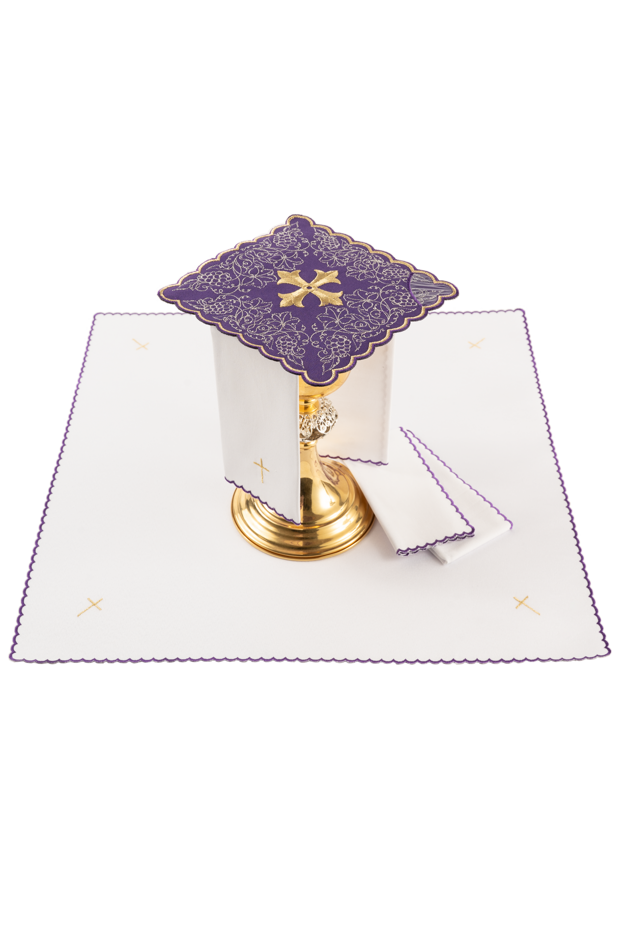 Komplet kielichowy haftowany z motywem krzyża fioletowy - ORNATY.PL