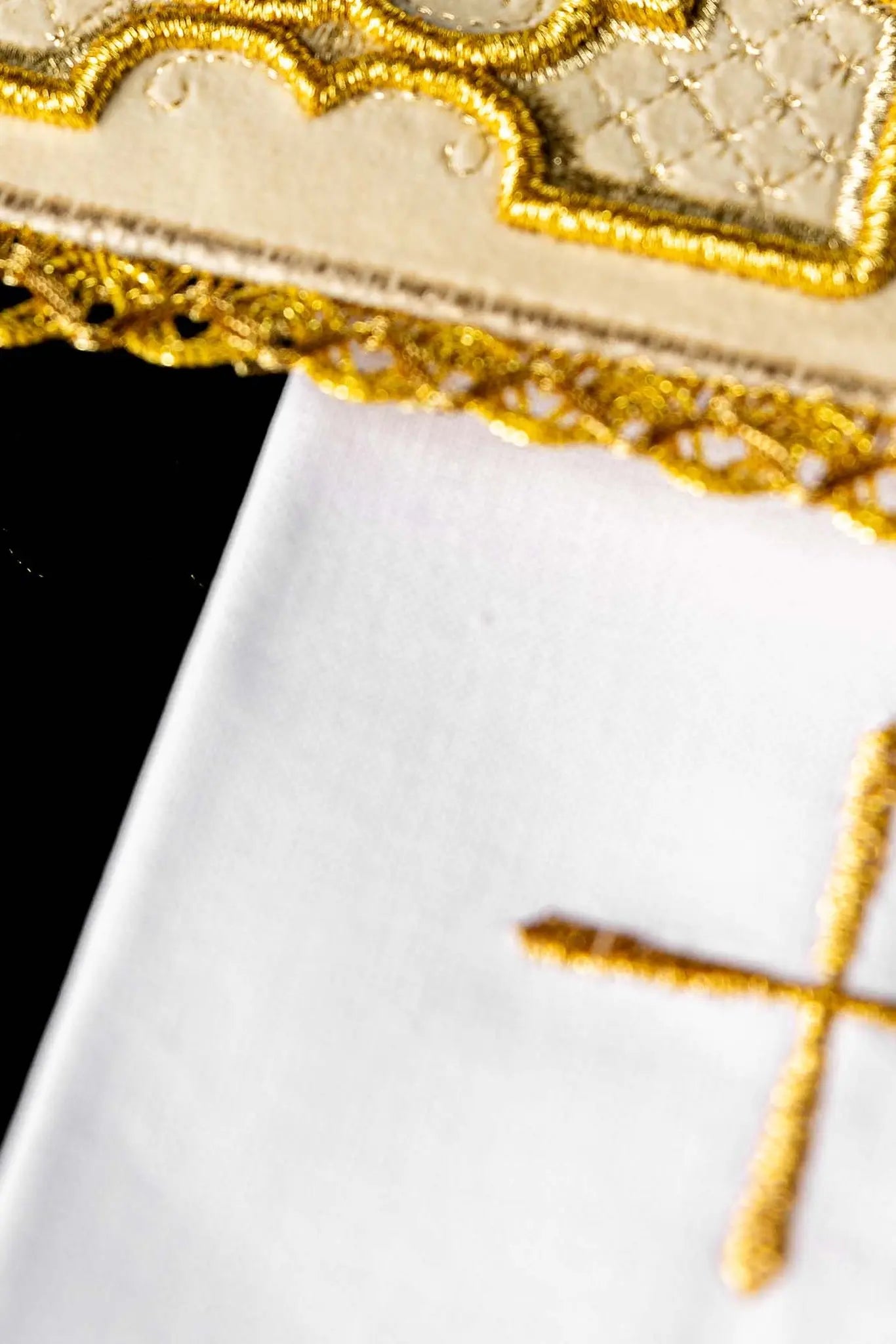Ecru chalice linen set with velvet pall, corporal, purificator, and lavabo towel. The velvet pall features a central gold embroidered rosette cross with floral and geometric patterns and gold lace trim. The purificator and lavabo towel have a small gold embroidered cross and scalloped edges.
