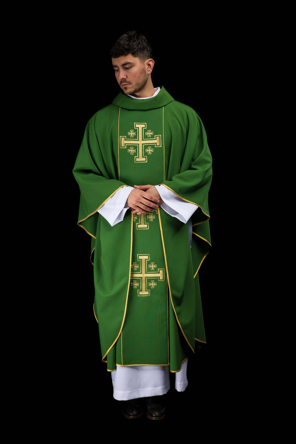 Ornat haftowany zielony z pasem krzyże jerozolimskie - ORNATY.PL