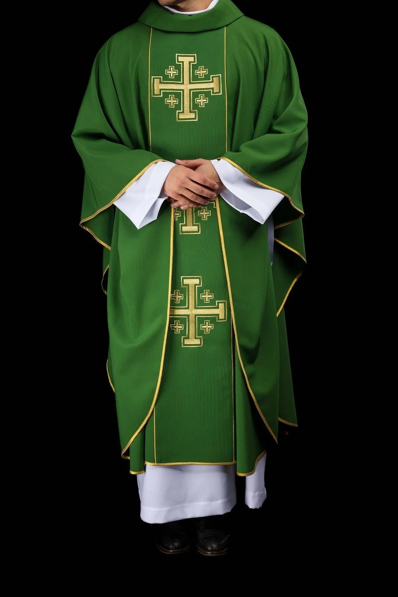 Green embroidered chasuble with band and Jerusalem crosses