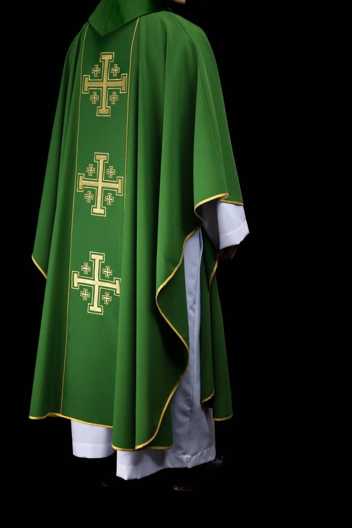 Green embroidered chasuble with band and Jerusalem crosses