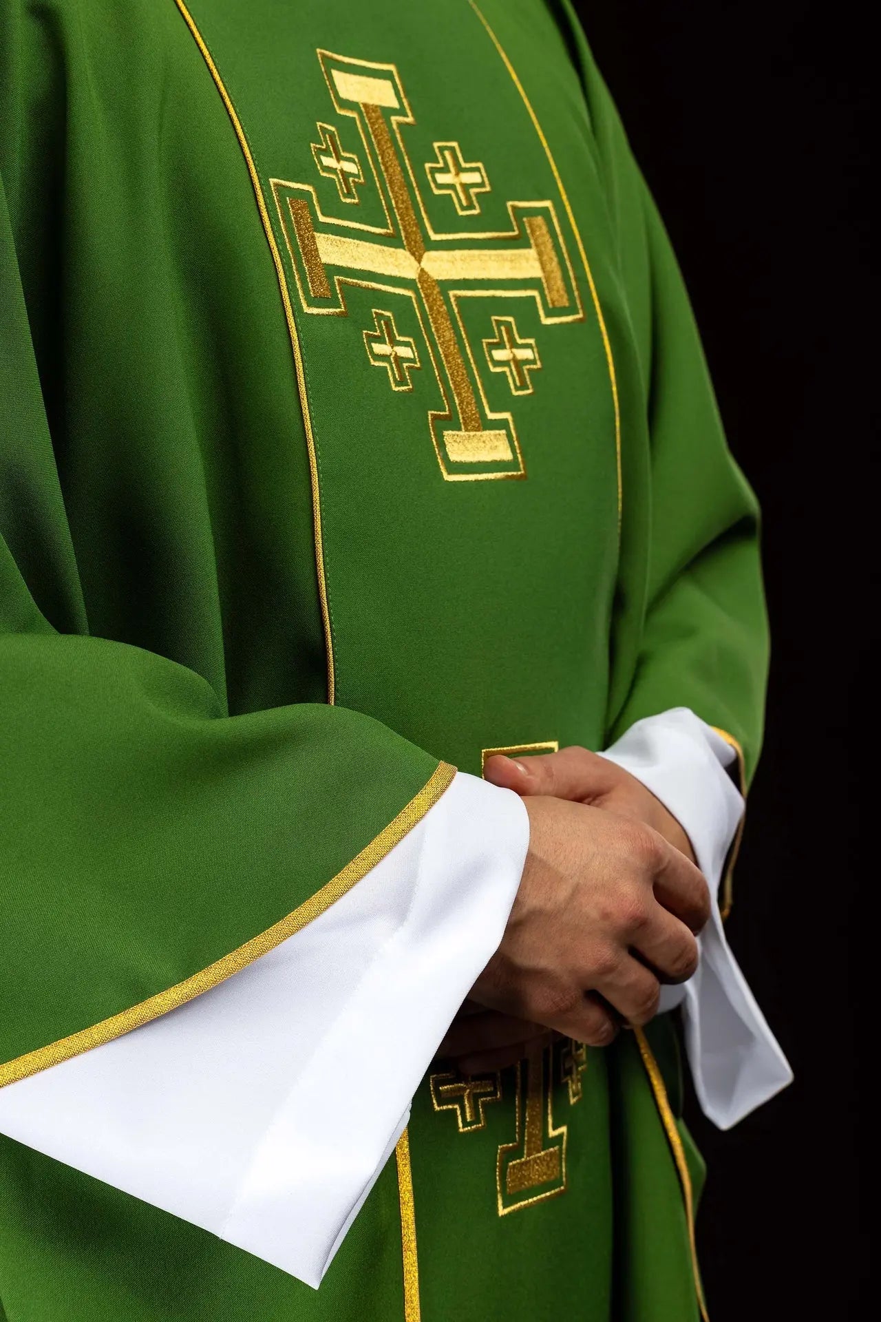 Green embroidered chasuble with band and Jerusalem crosses