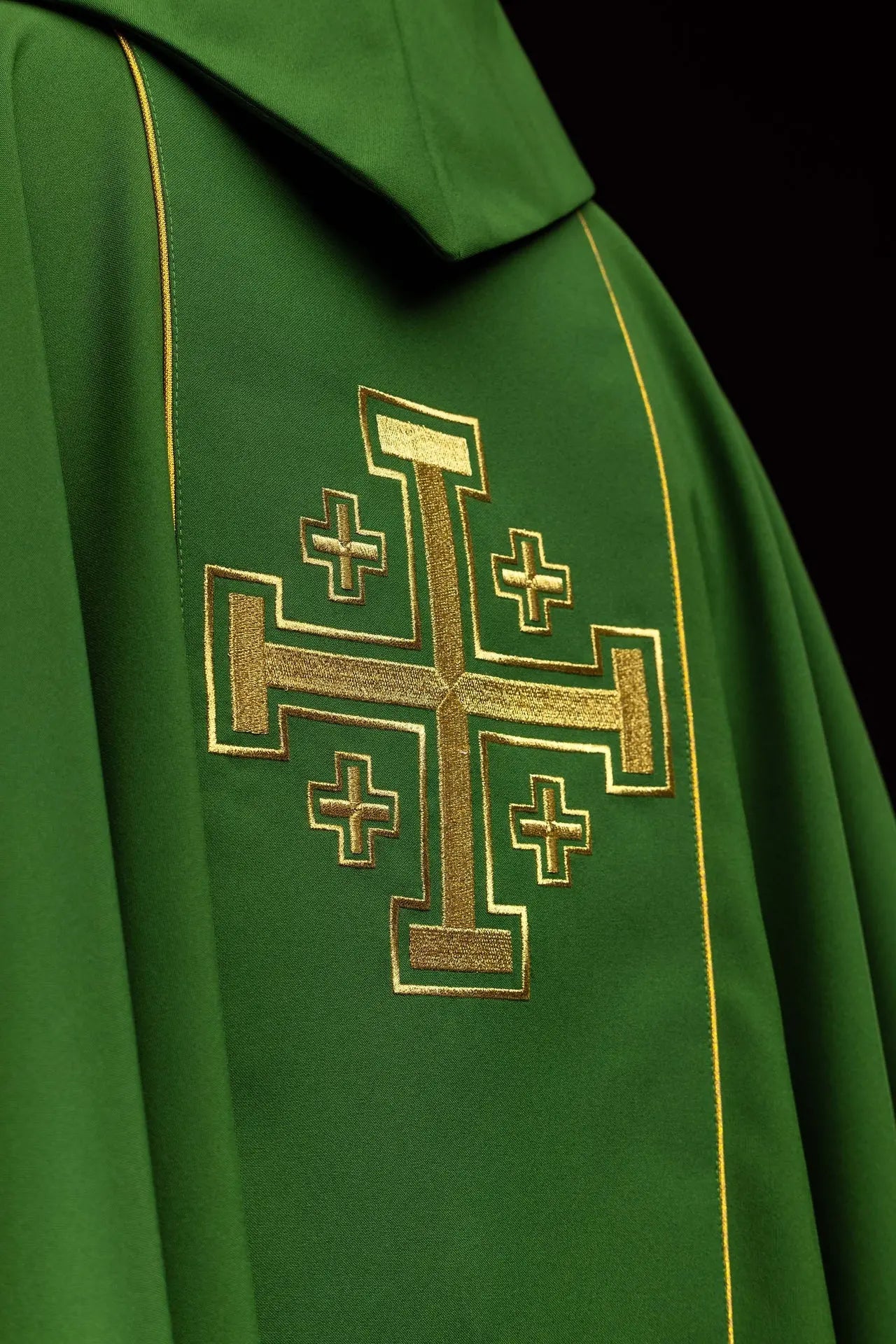 Green embroidered chasuble with band and Jerusalem crosses