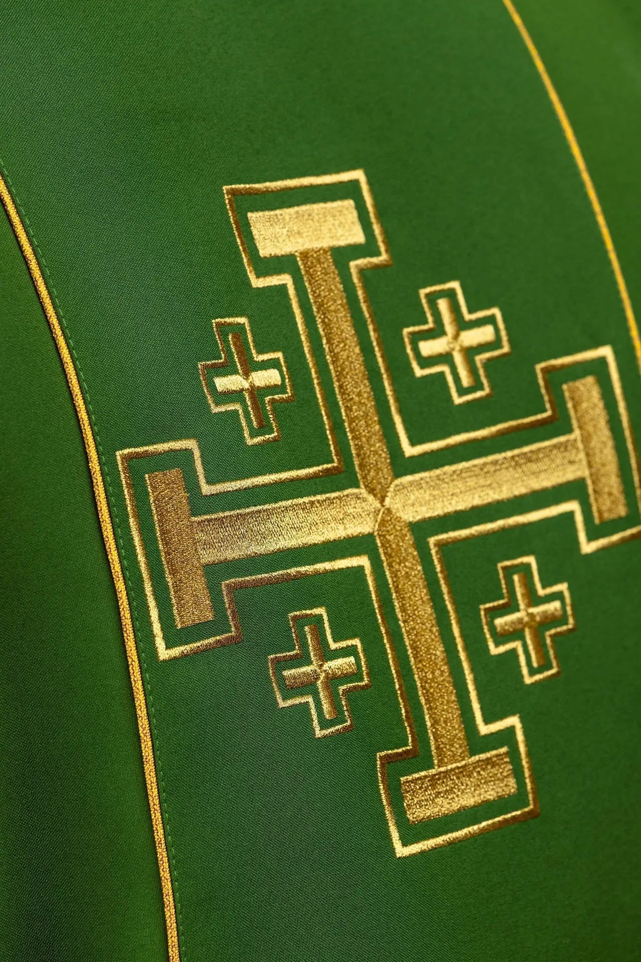 Green embroidered chasuble with band and Jerusalem crosses