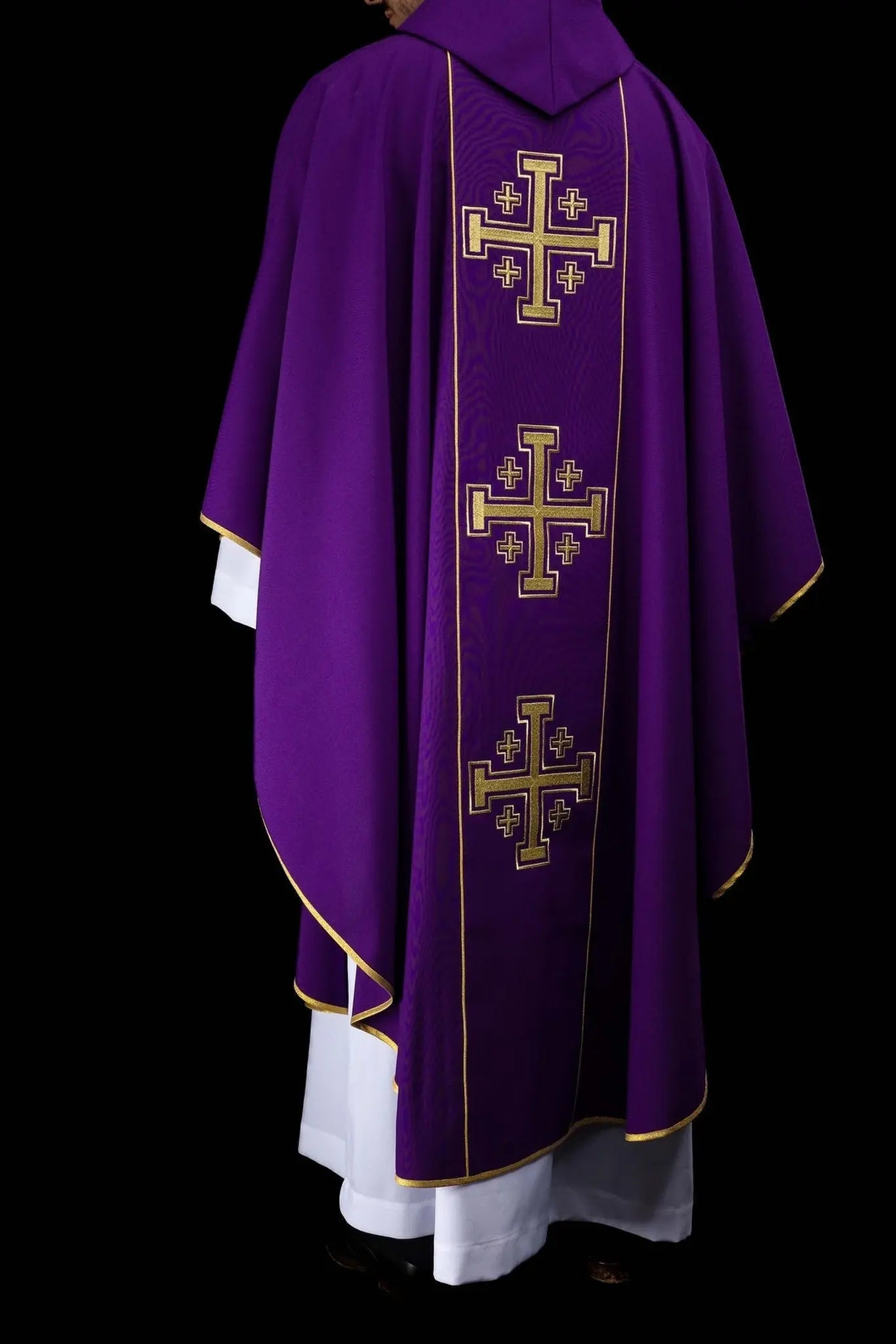 Purple embroidered chasuble with band and Jerusalem crosses
