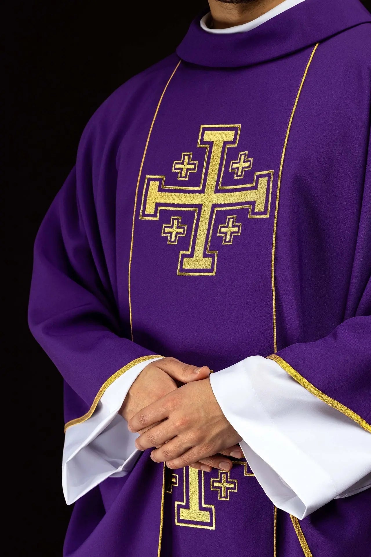 Purple embroidered chasuble with band and Jerusalem crosses