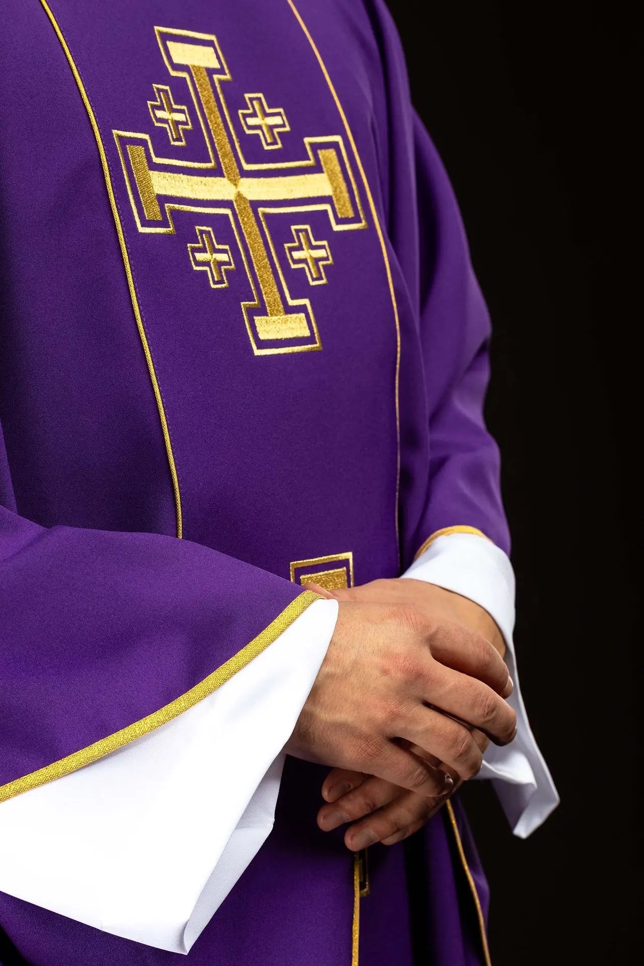 Purple embroidered chasuble with band and Jerusalem crosses