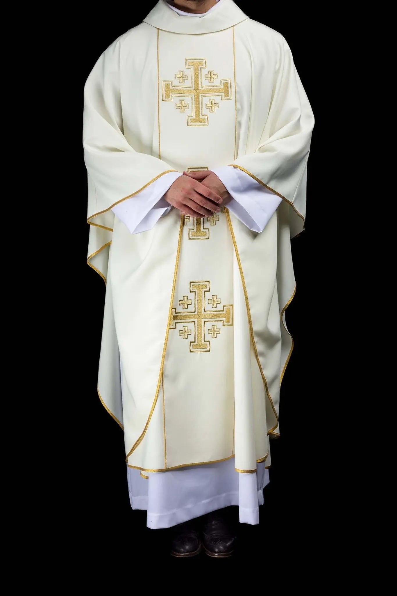 Ecru embroidered chasuble with band and Jerusalem crosses
