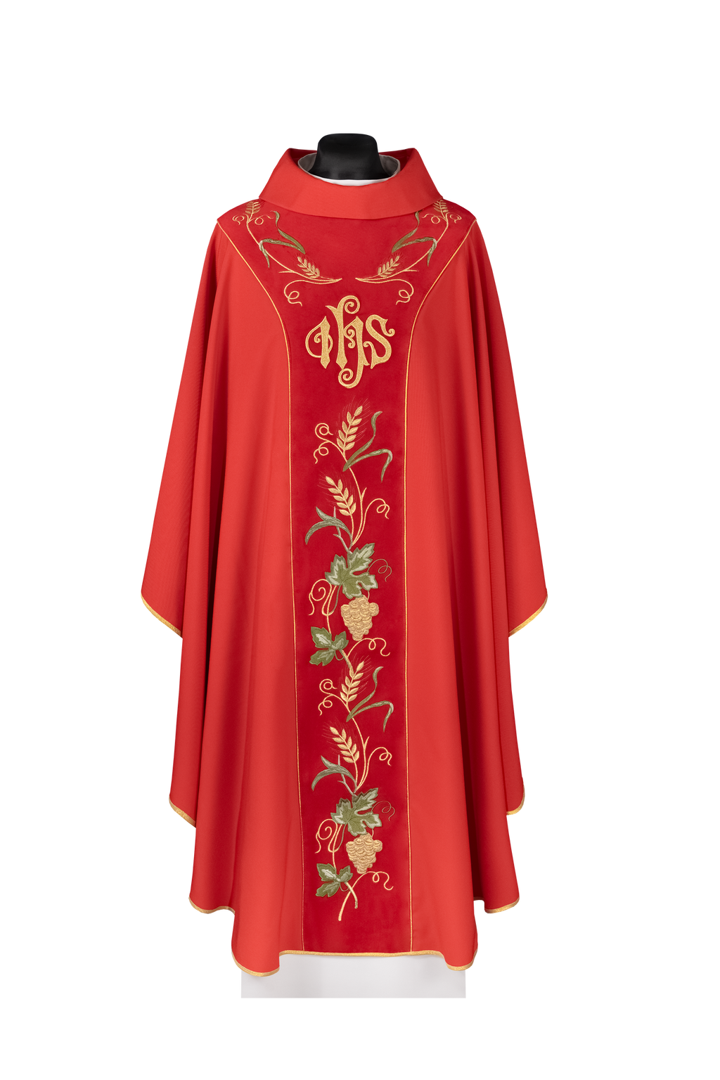 Ornat z aksamitnym czerwonym pasem i haftem IHS - ORNATY.PL