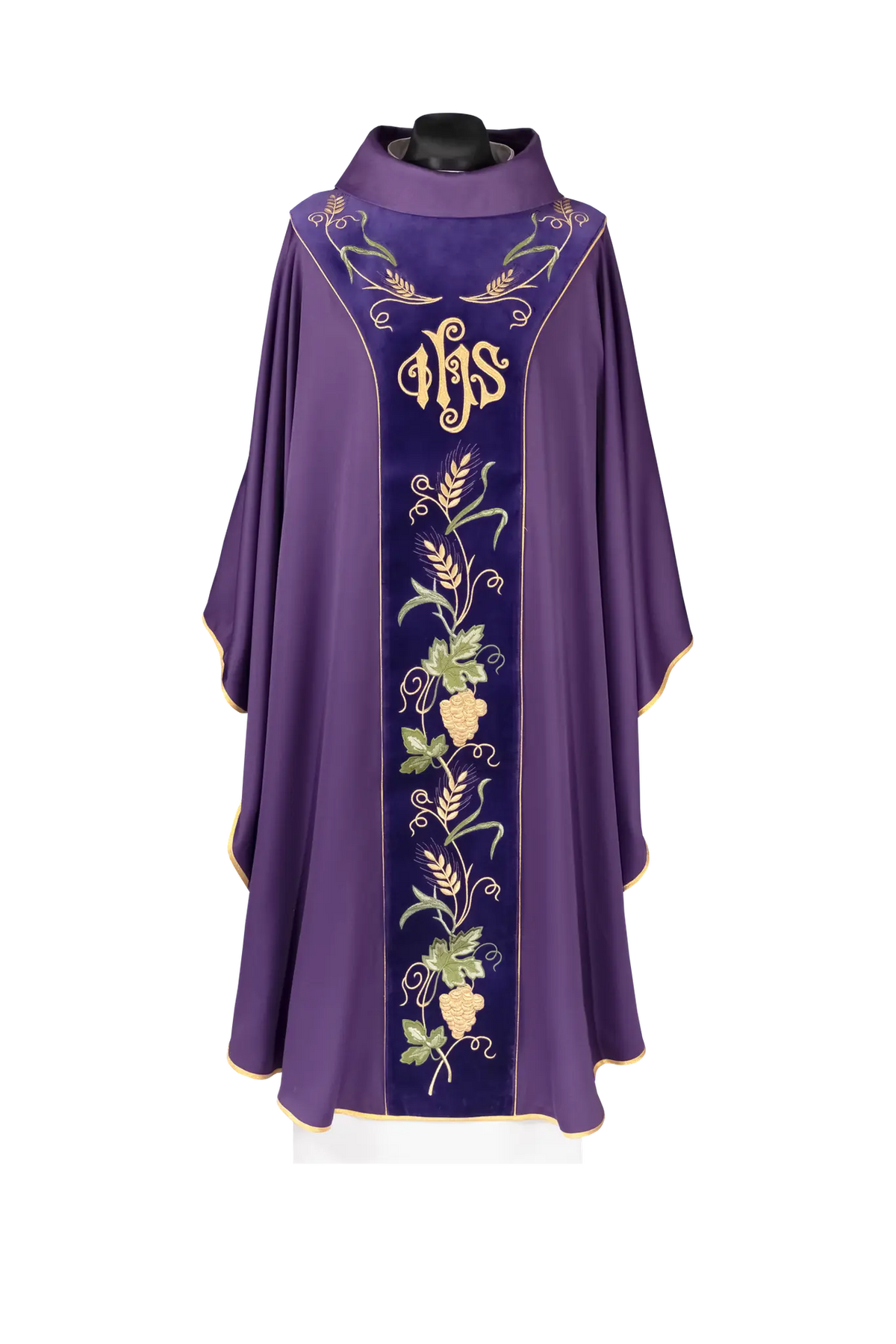 Chasuble with a velvet purple band and embroidered IHS motif
