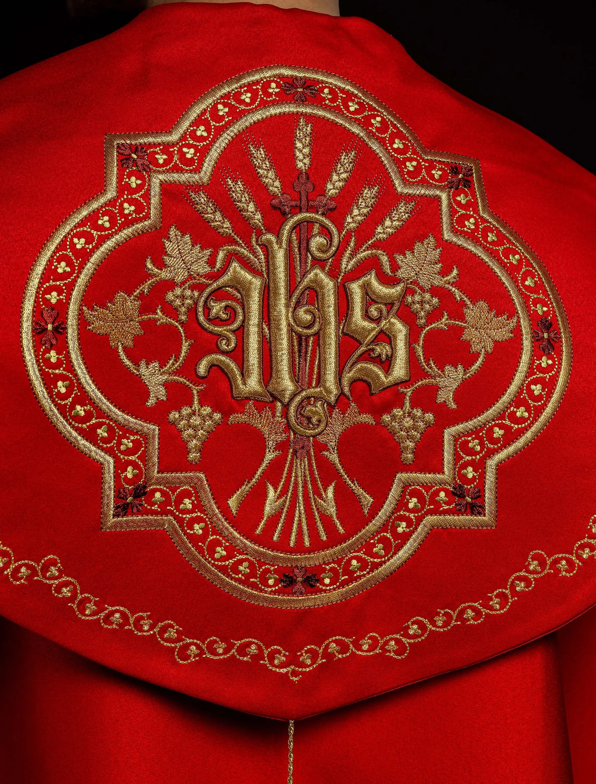 IHS embroidered liturgical cape in red