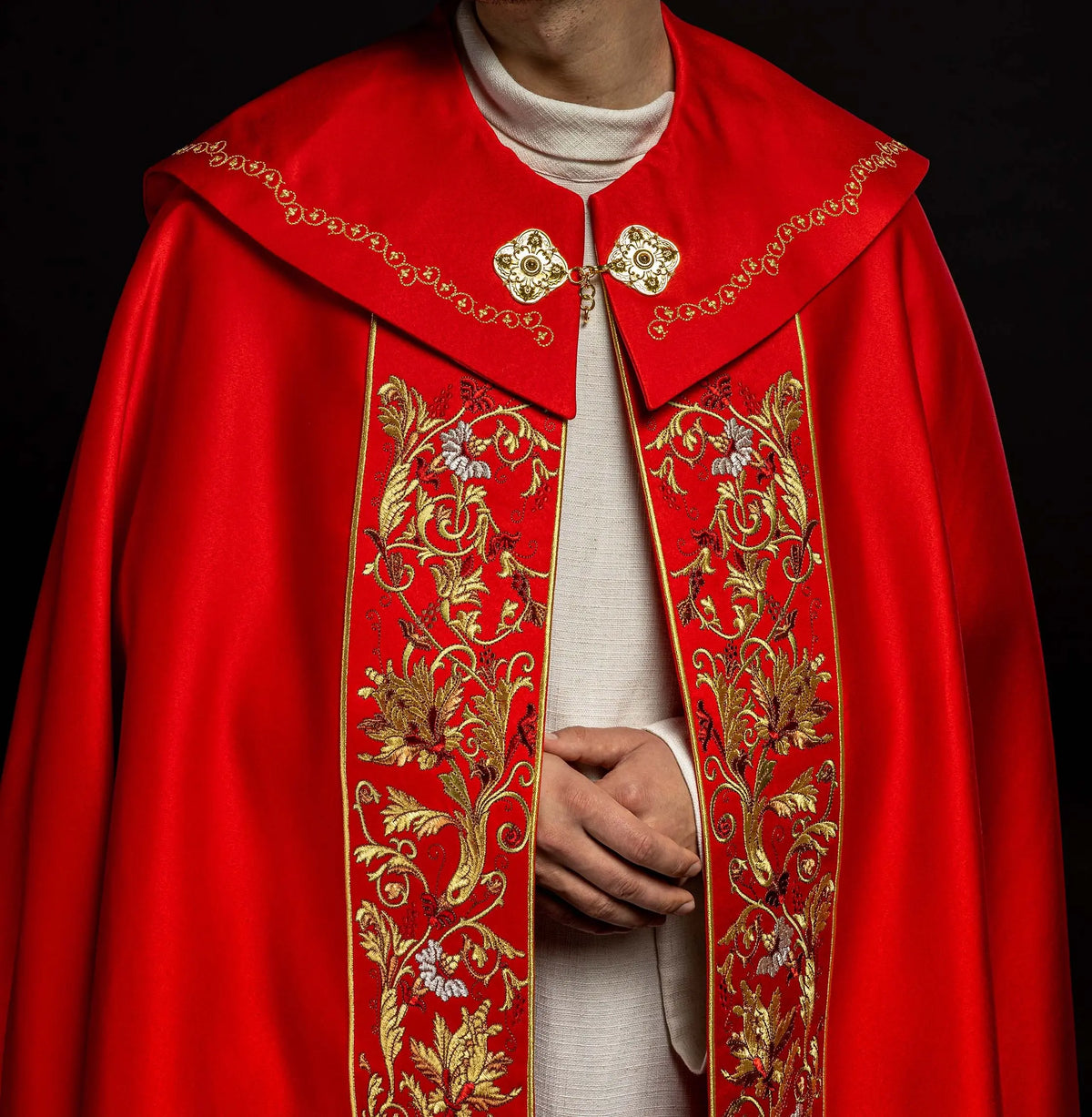 IHS embroidered liturgical cape in red