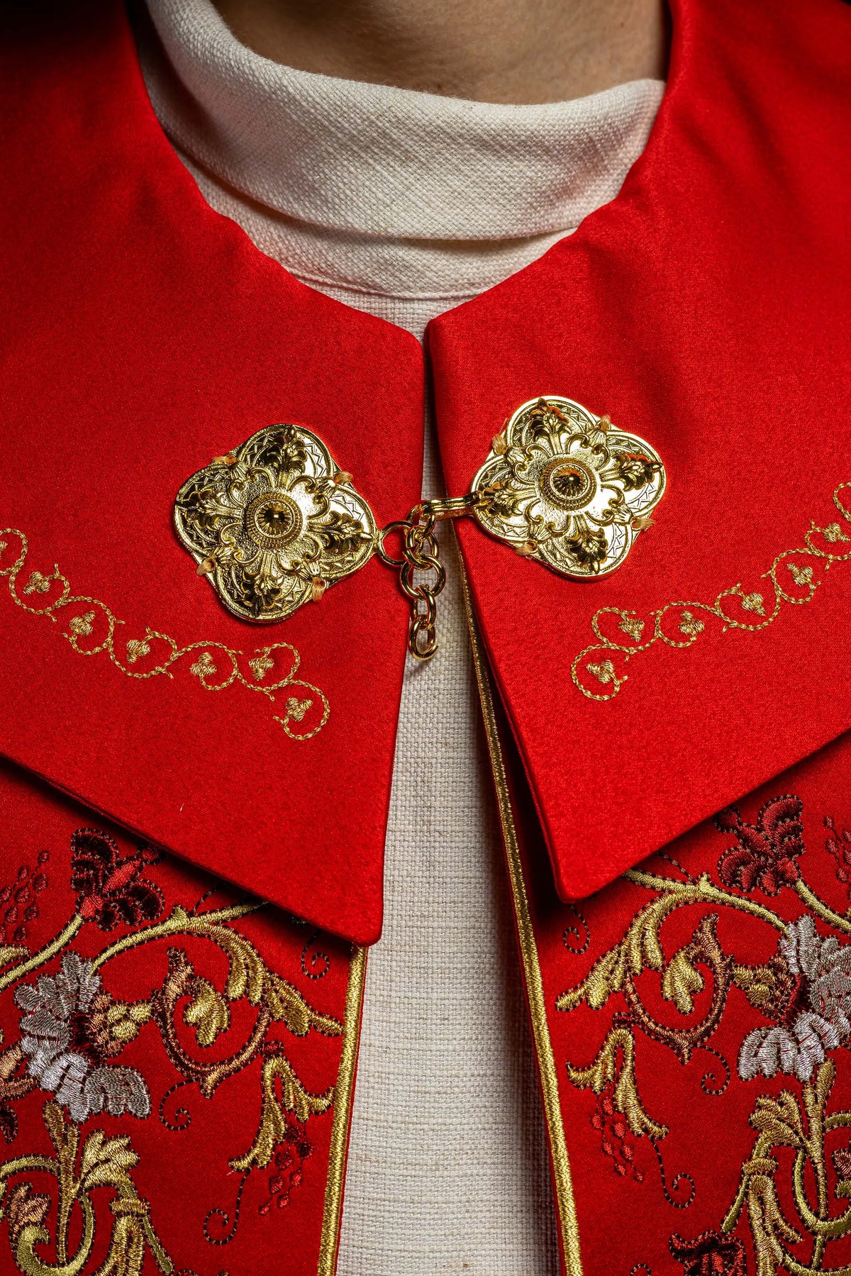 IHS embroidered liturgical cape in red