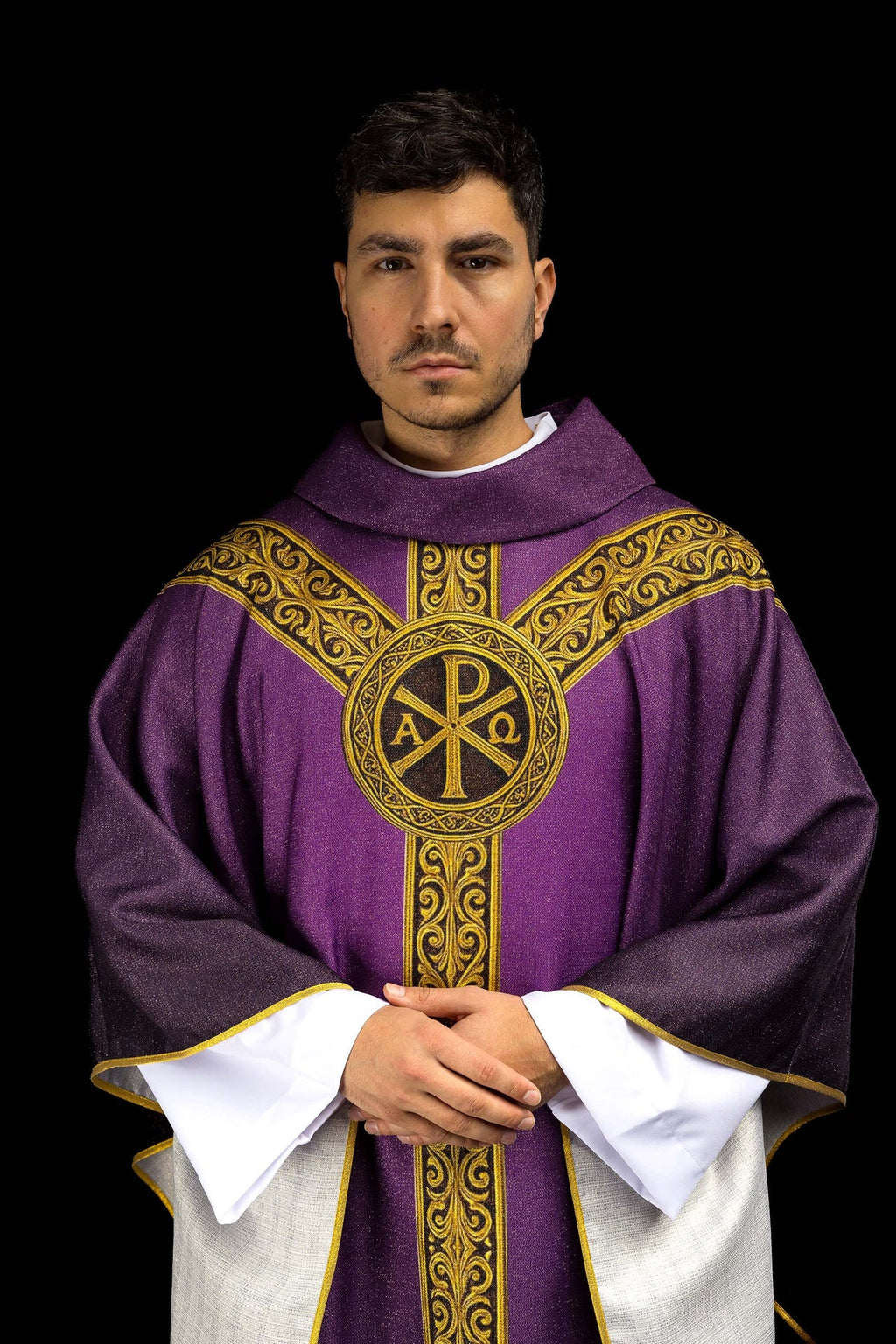 Ornat drukowany Pax fioletowy z bogatym złotym zdobieniem