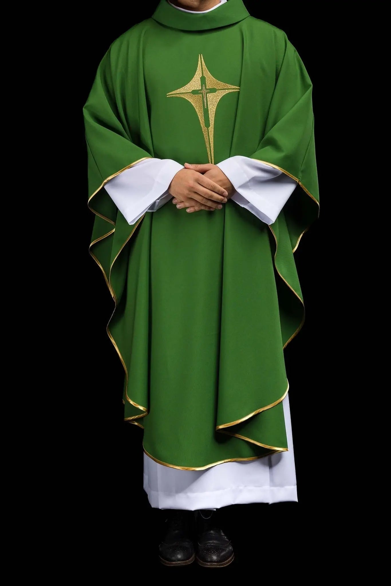 Green chasuble embroidered with cross motif