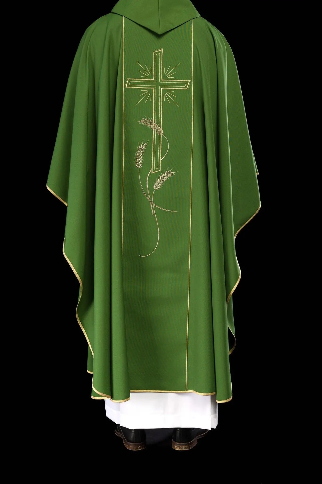Green chasuble with wide embroidered gold stripe IHS cross