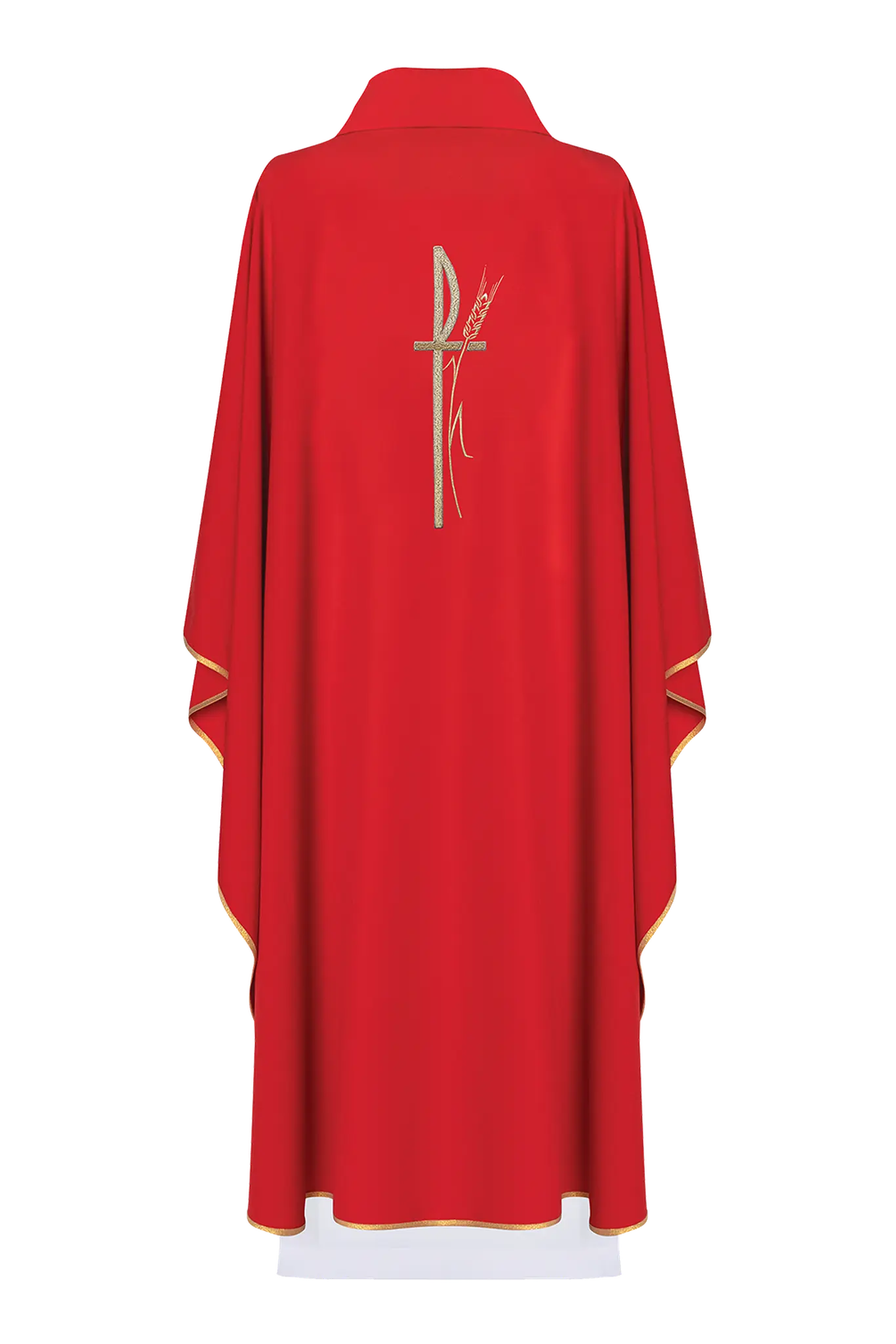 Red liturgical chasuble with wide collar and delicately embroidered cross