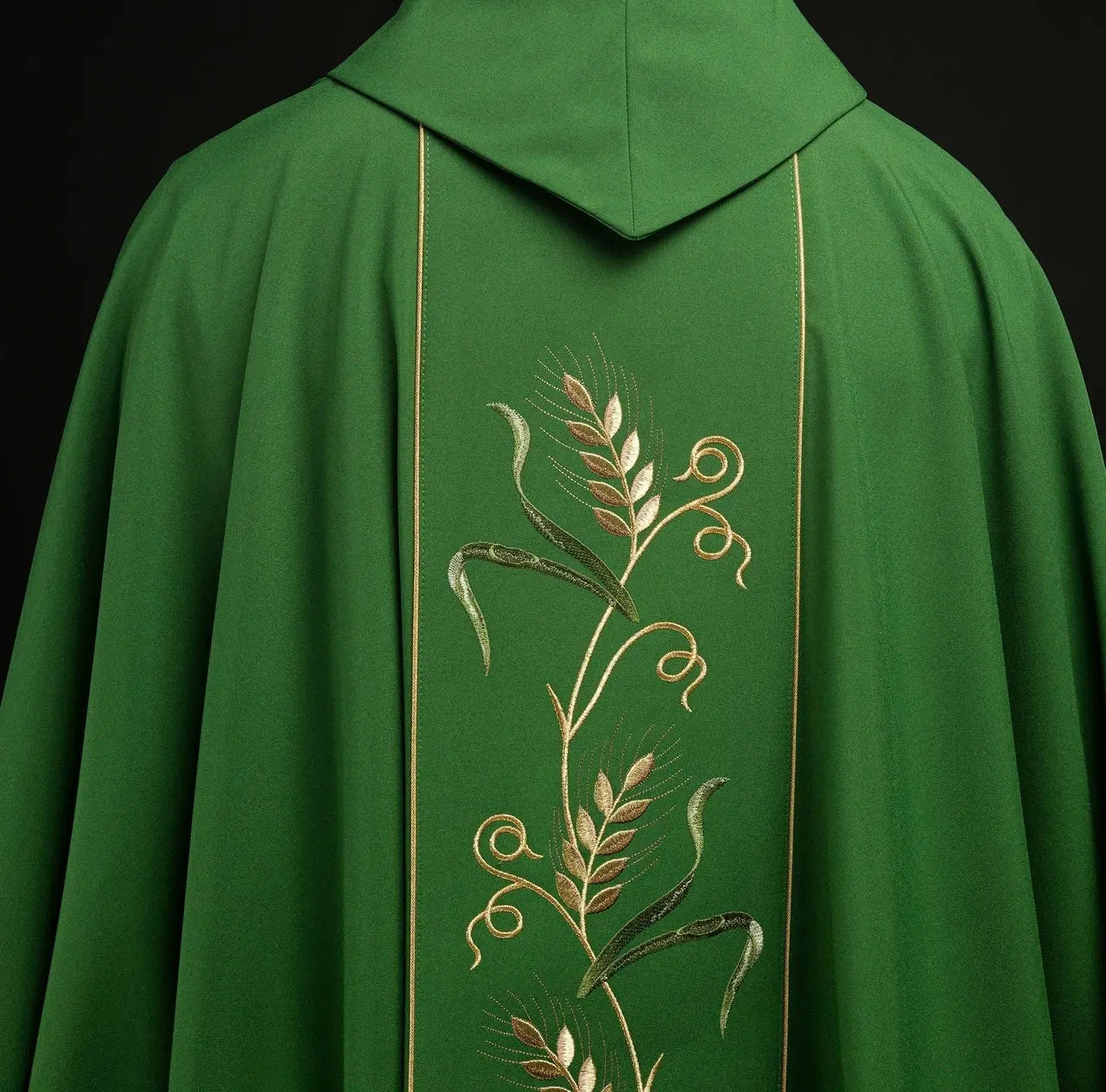 Green chasuble on belt with IHS embroidery, ears and grapes