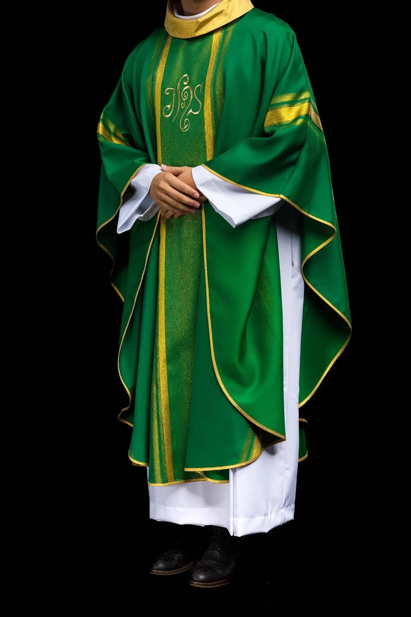 Green embroidered chasuble with IHS design with gilding