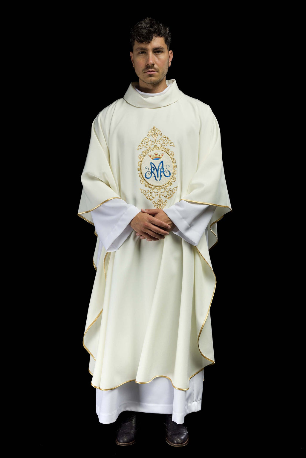 Ornat z motywem maryjnym otoczonym złotym haftem - ORNATY.PL