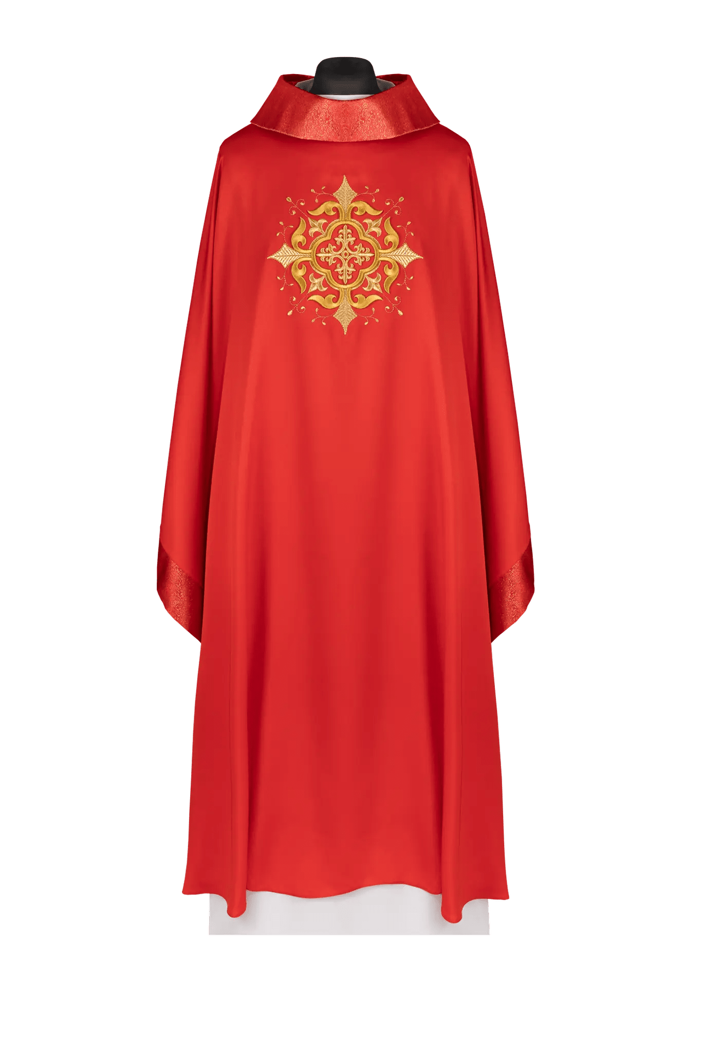 Ornat liturgiczny z haftowanym motywem krzyża i misternym wykończeniem w kolorze czerwonym