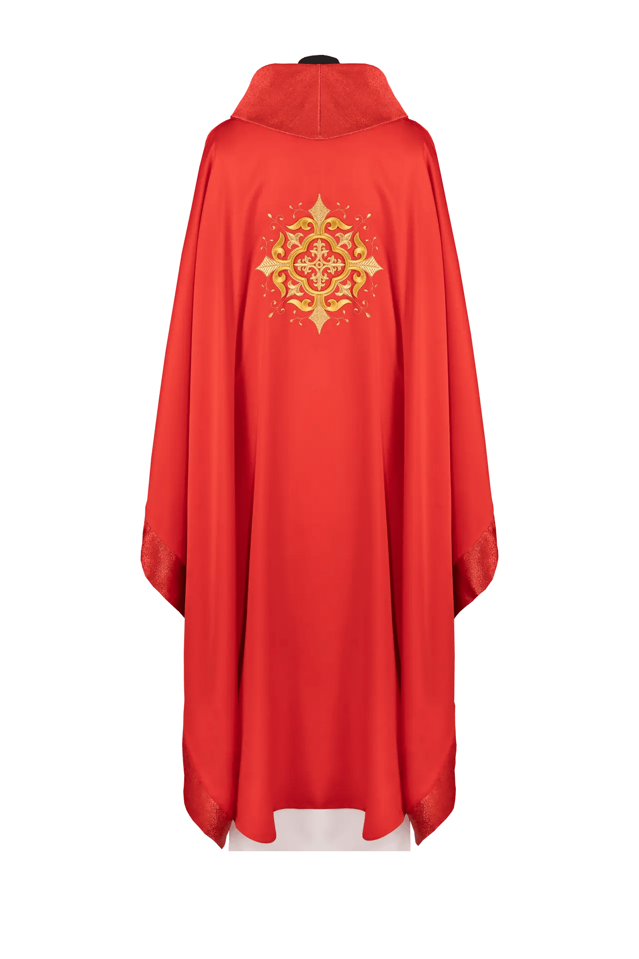 Ornat liturgiczny z haftowanym motywem krzyża i misternym wykończeniem w kolorze czerwonym