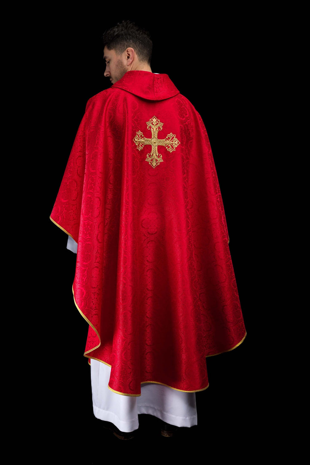 Czerwony ornat z krzyżem tkanina żakardowa - ORNATY.PL