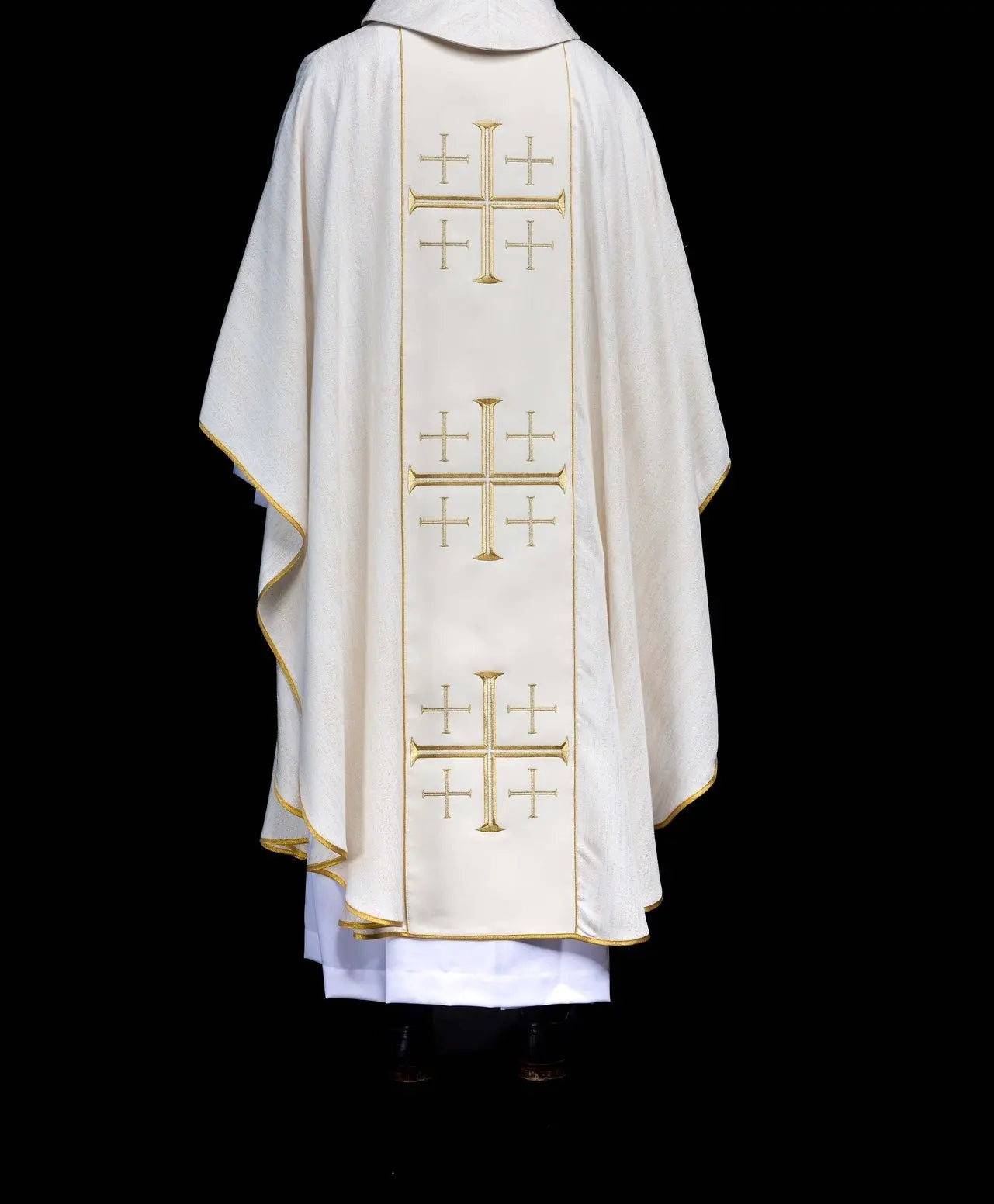 Embroidered Chasuble with Band and Jerusalem Crosses Ecru