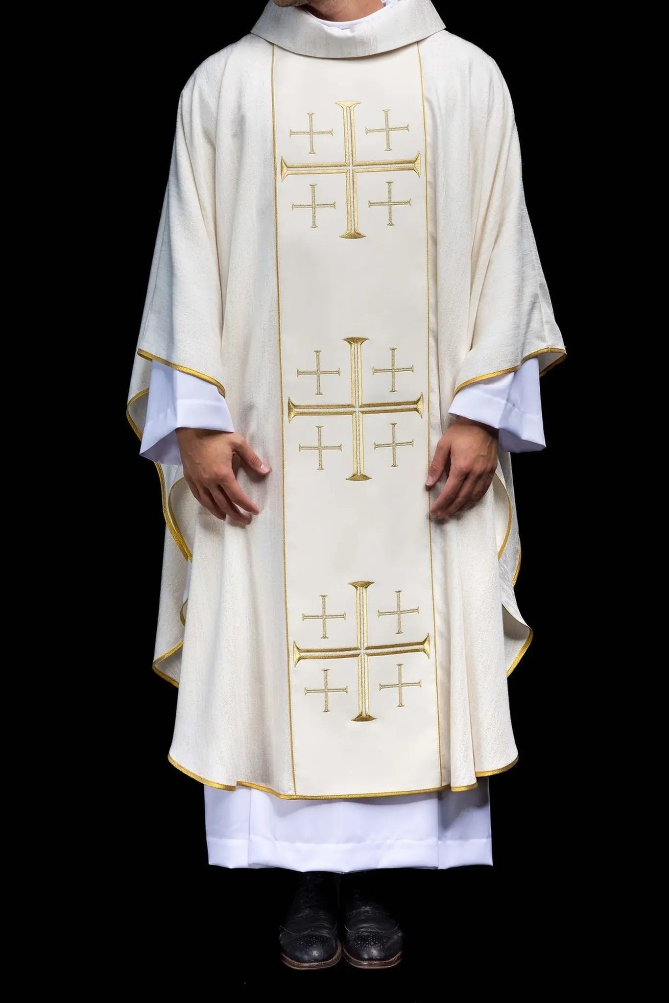Embroidered Chasuble with Band and Jerusalem Crosses Ecru