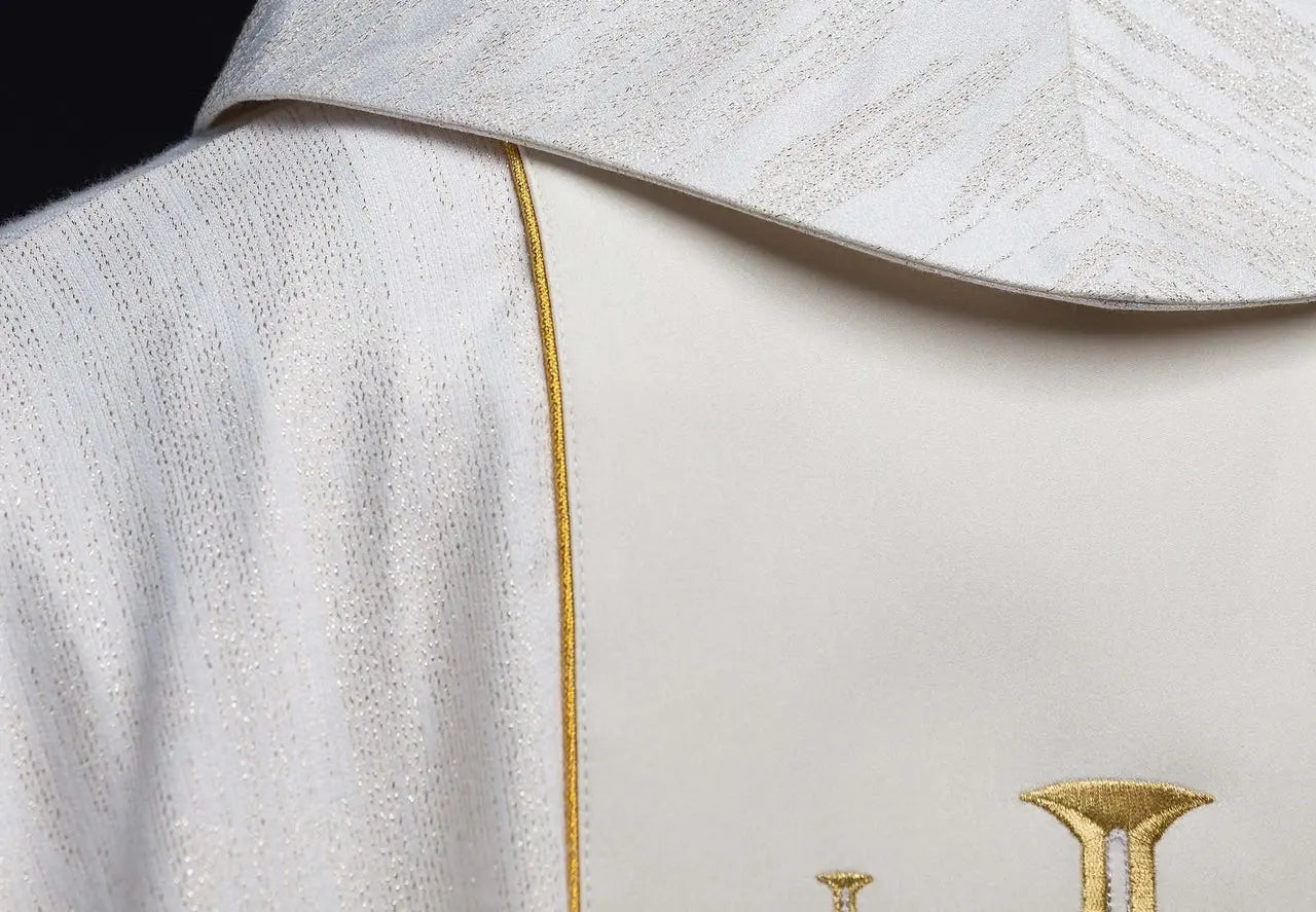 Embroidered Chasuble with Band and Jerusalem Crosses Ecru