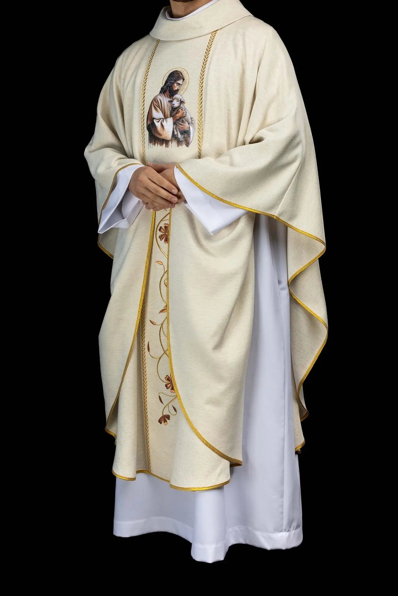 Ecru Chasuble with Good Shepherd Embroidery and Decorative Orphrey Bands
