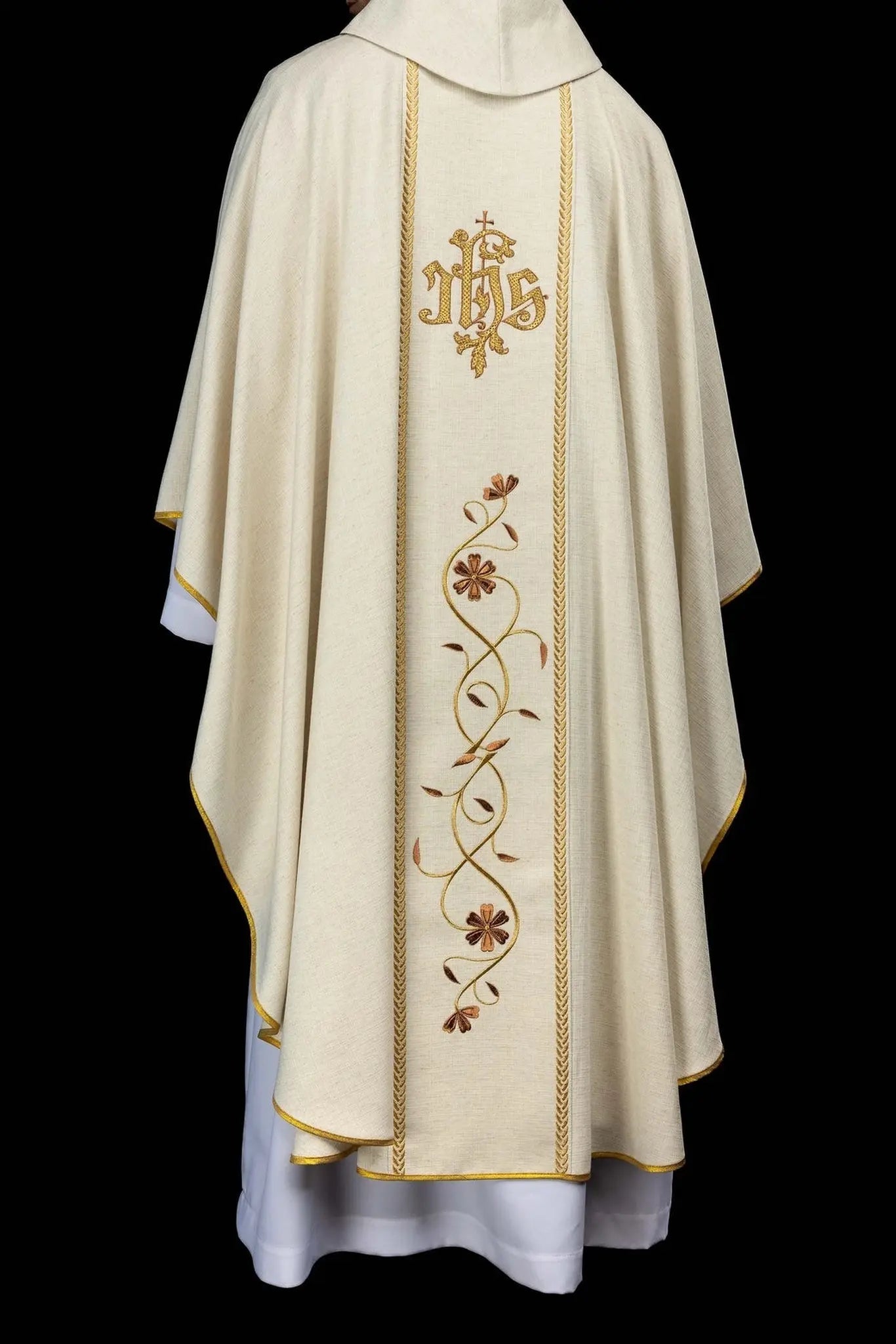 Ecru Chasuble with Good Shepherd Embroidery and Decorative Orphrey Bands