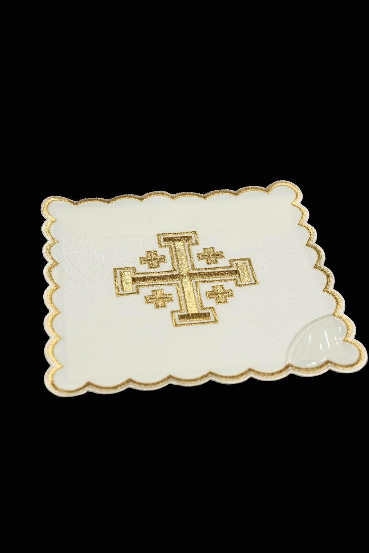 Zestaw palek kielichowych z haftowanym Krzyżem jerozolimskim w czterech kolorach liturgicznych