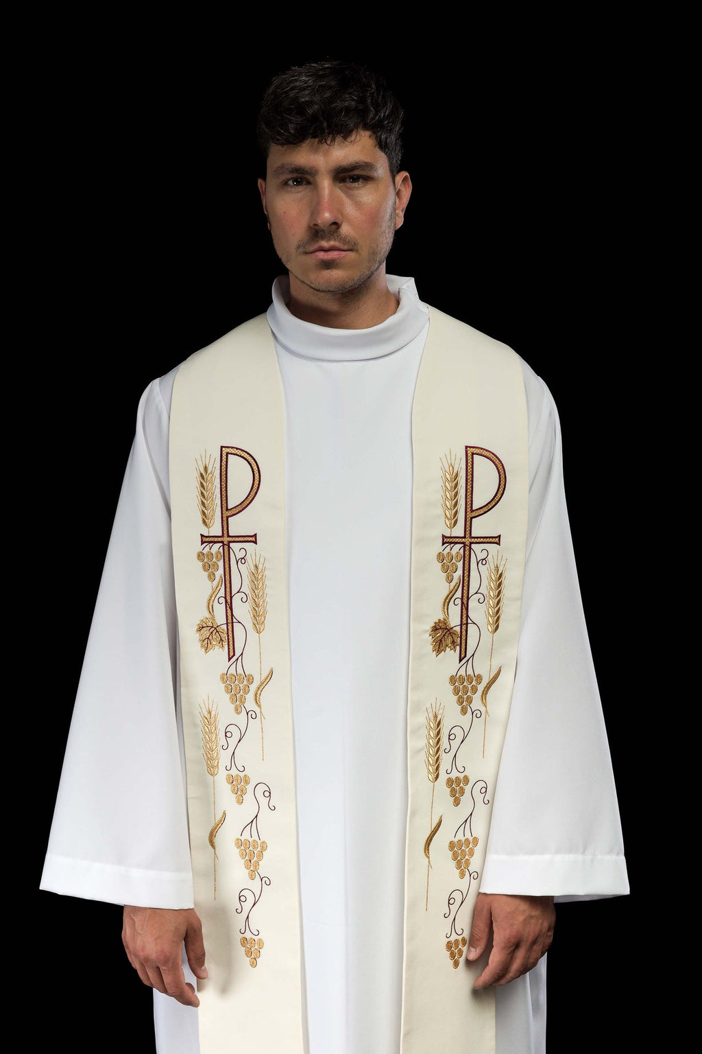 Stuła kapłańska haftowana krzyż z winogronami ecru - ORNATY.PL
