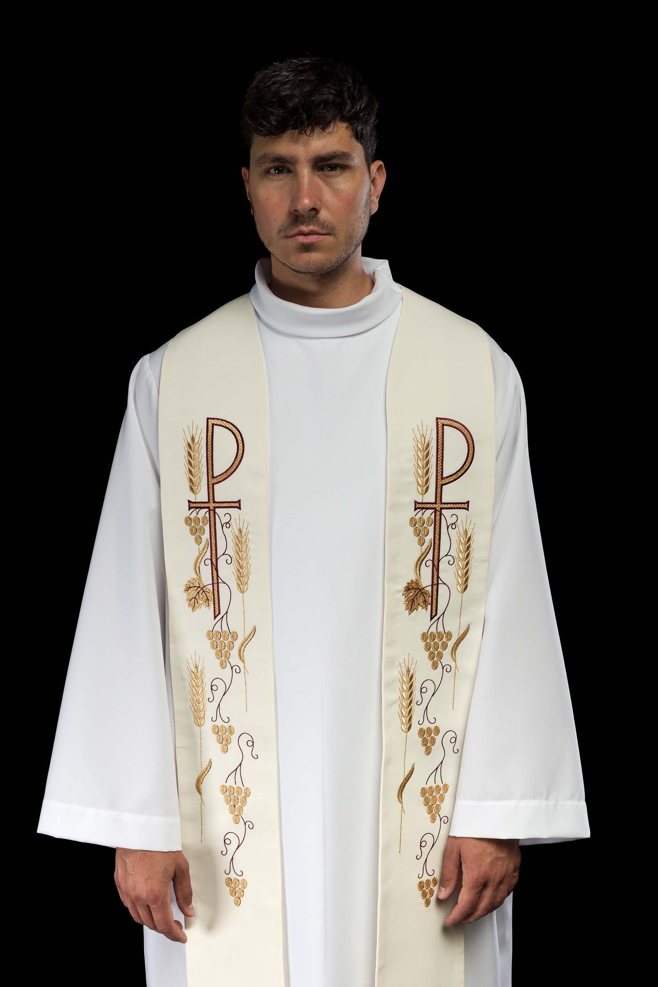 Stuła kapłańska haftowana krzyż z winogronami ecru - ORNATY.PL