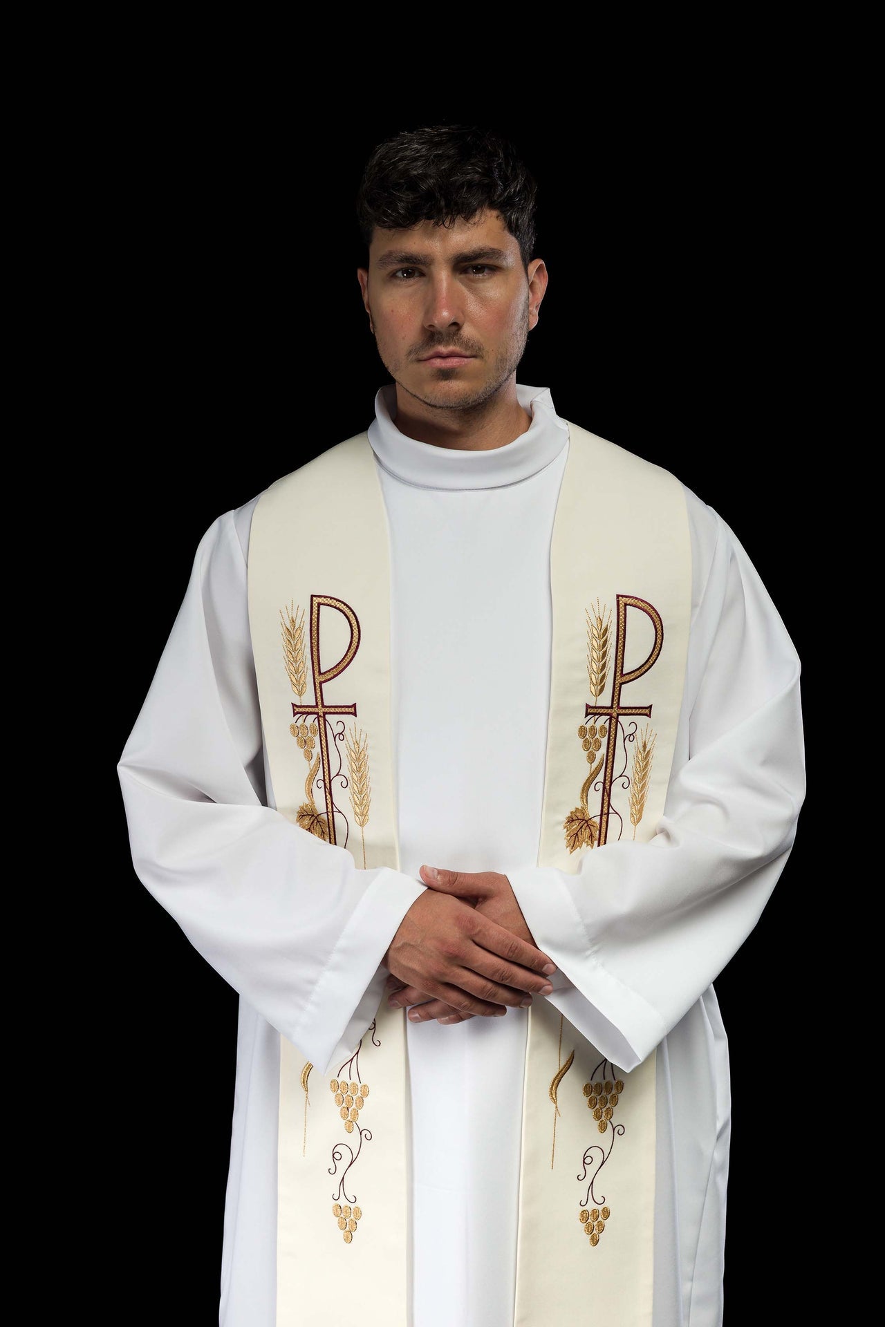 Stuła kapłańska haftowana krzyż z winogronami ecru - ORNATY.PL
