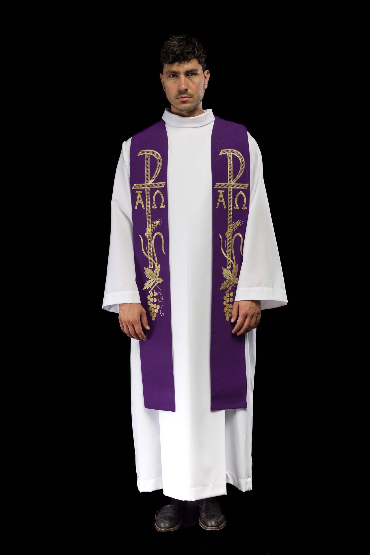 Stuła kapłańska fioletowa haftowana Alfa i Omega - ORNATY.PL