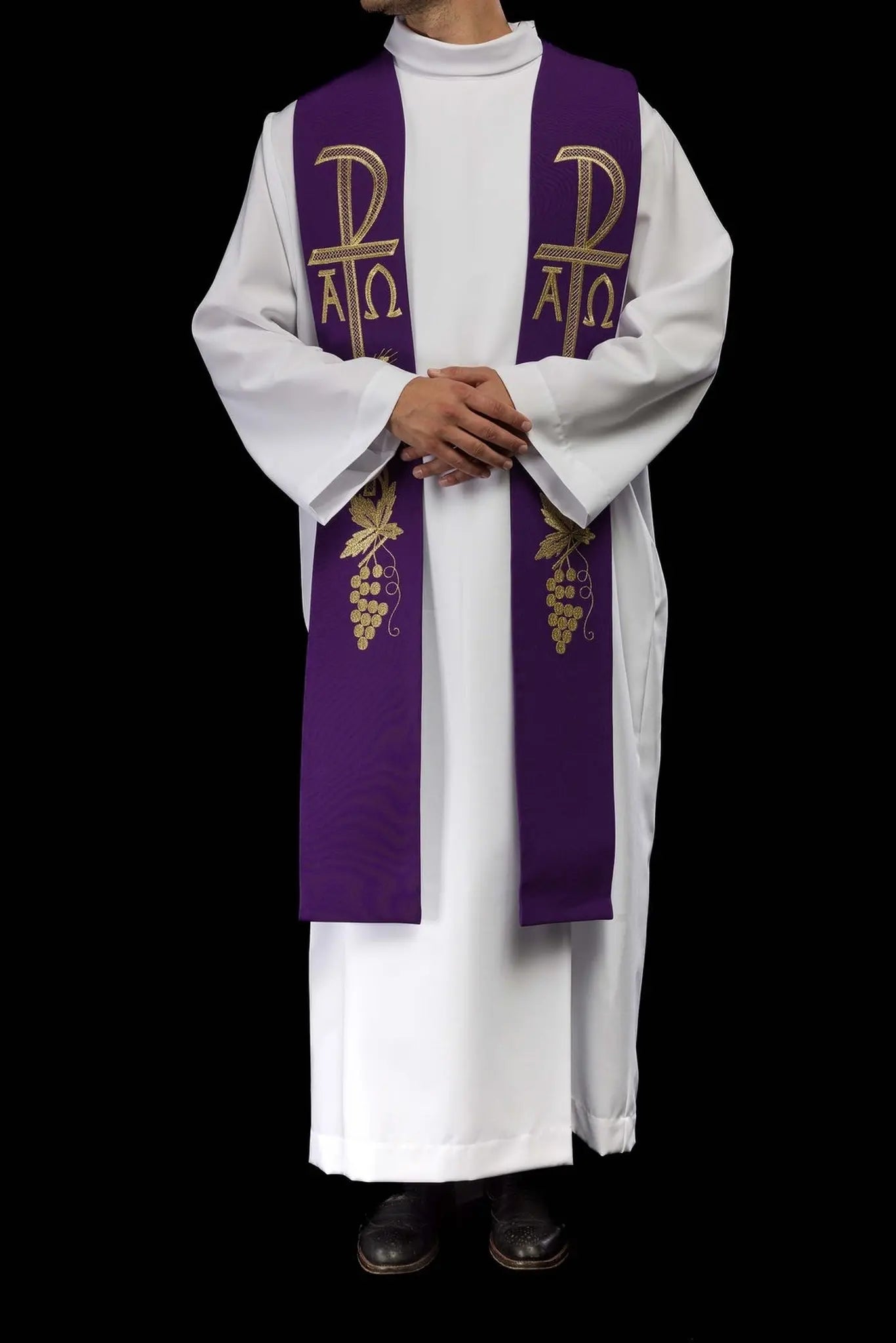 Alpha and Omega embroidered purple priest's stole