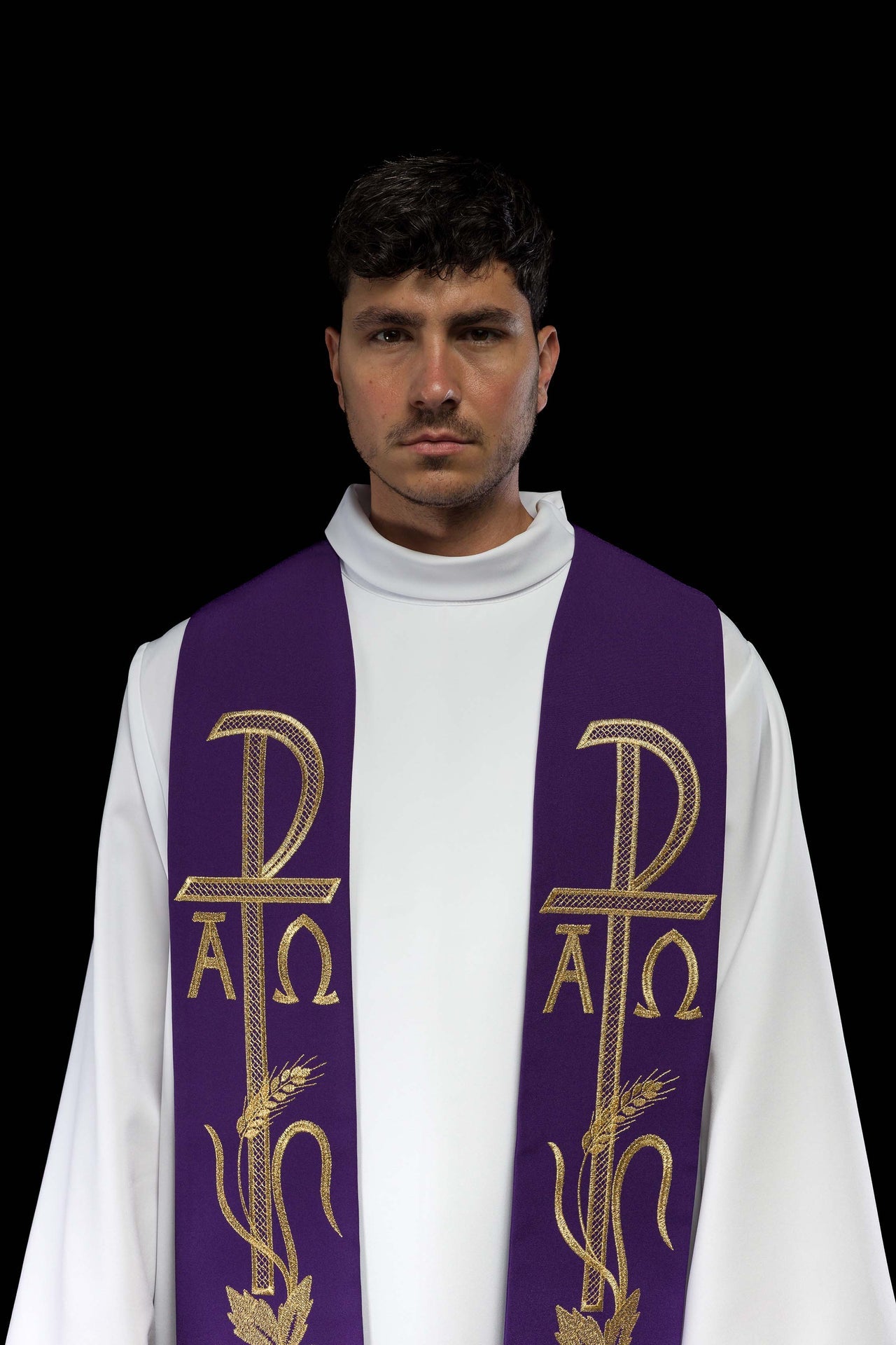 Stuła kapłańska fioletowa haftowana Alfa i Omega - ORNATY.PL