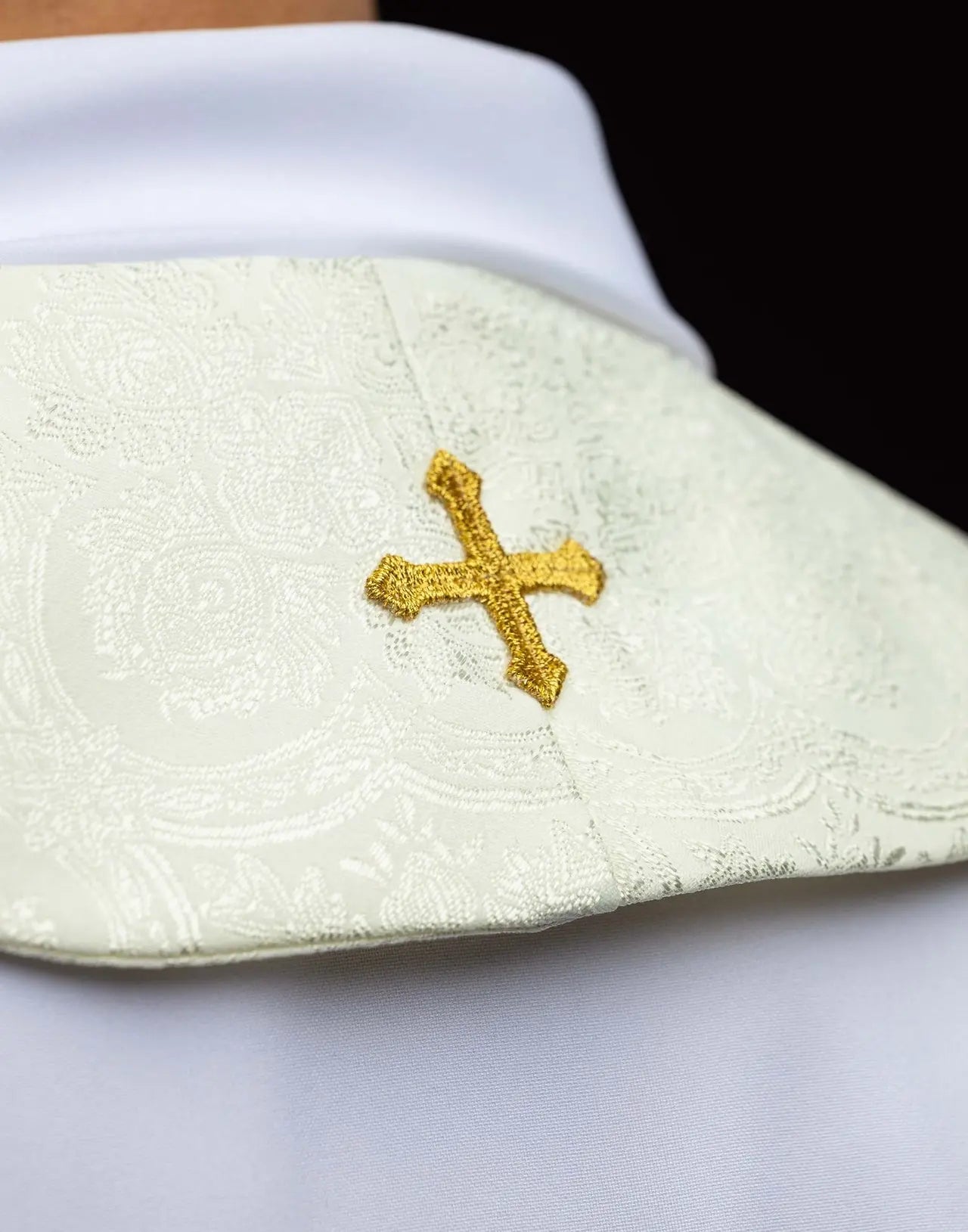 Ecru Jacquard Stole with Gold Cross Embroidery